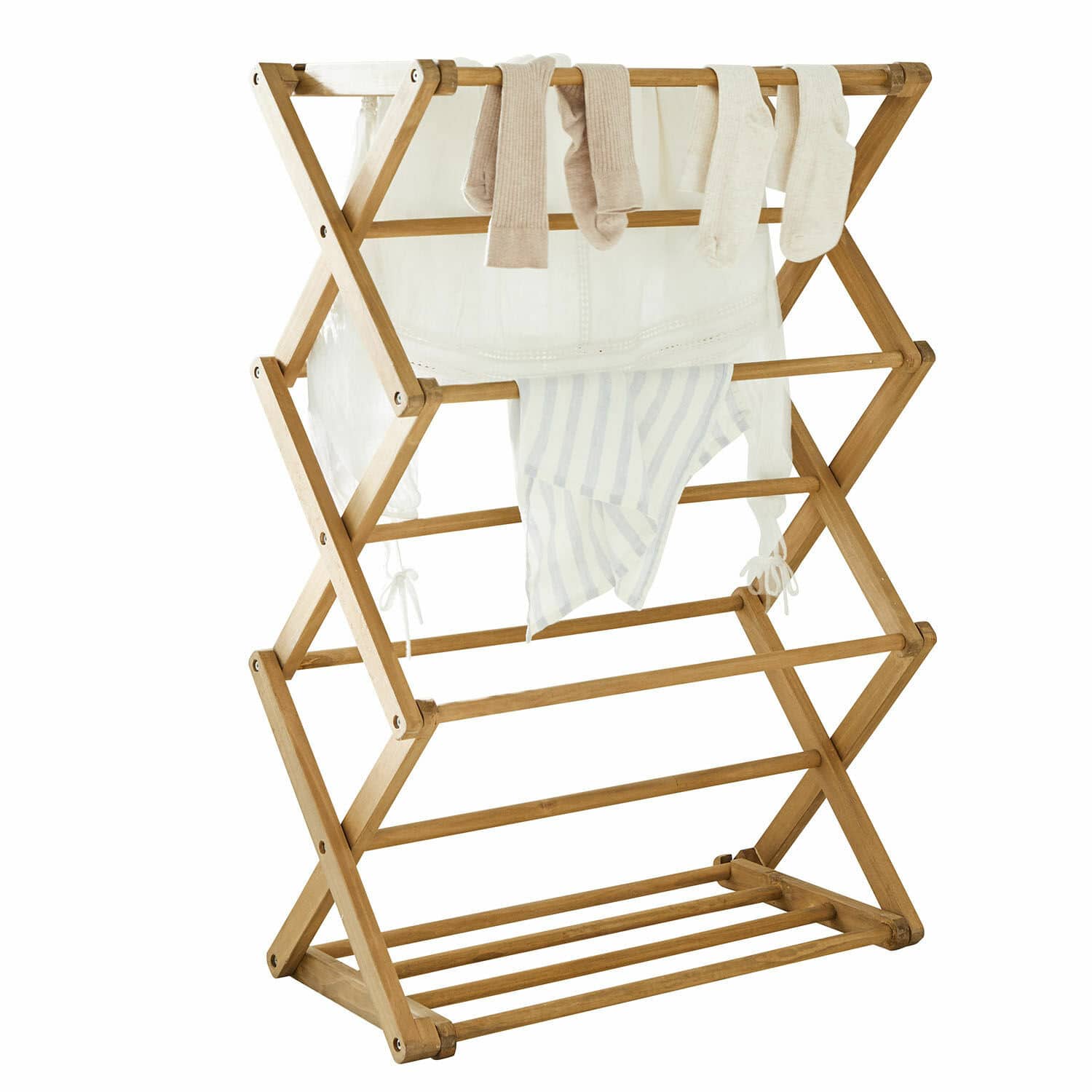 Stendibiancheria Elodielle Stendibiancheria pieghevole in legno con abiti beige e bianchi per asciugatura interna