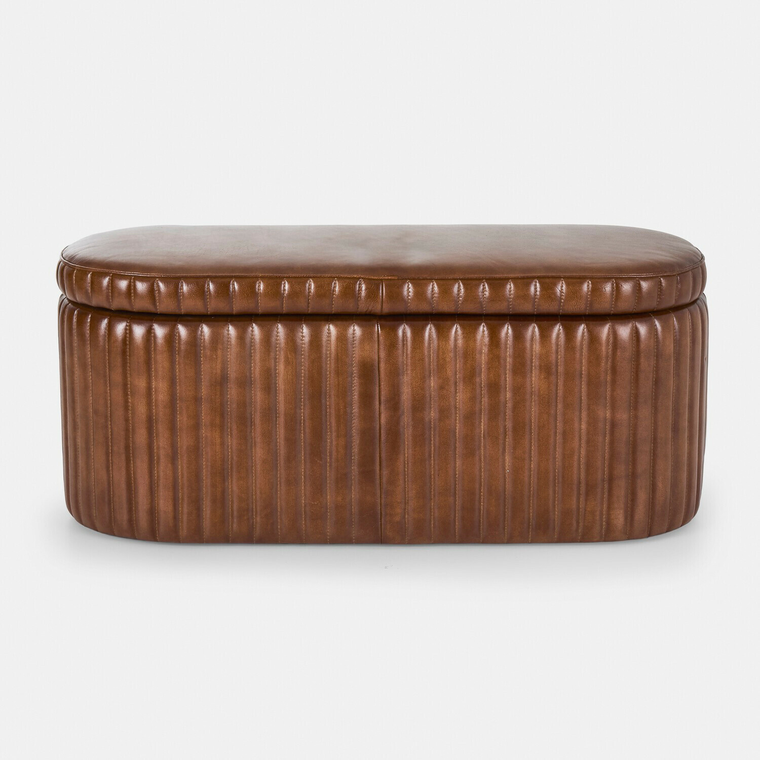 Panca Jolivon Pouf in pelle marrone con cuciture verticali, mobile elegante per soggiorno e contenitore