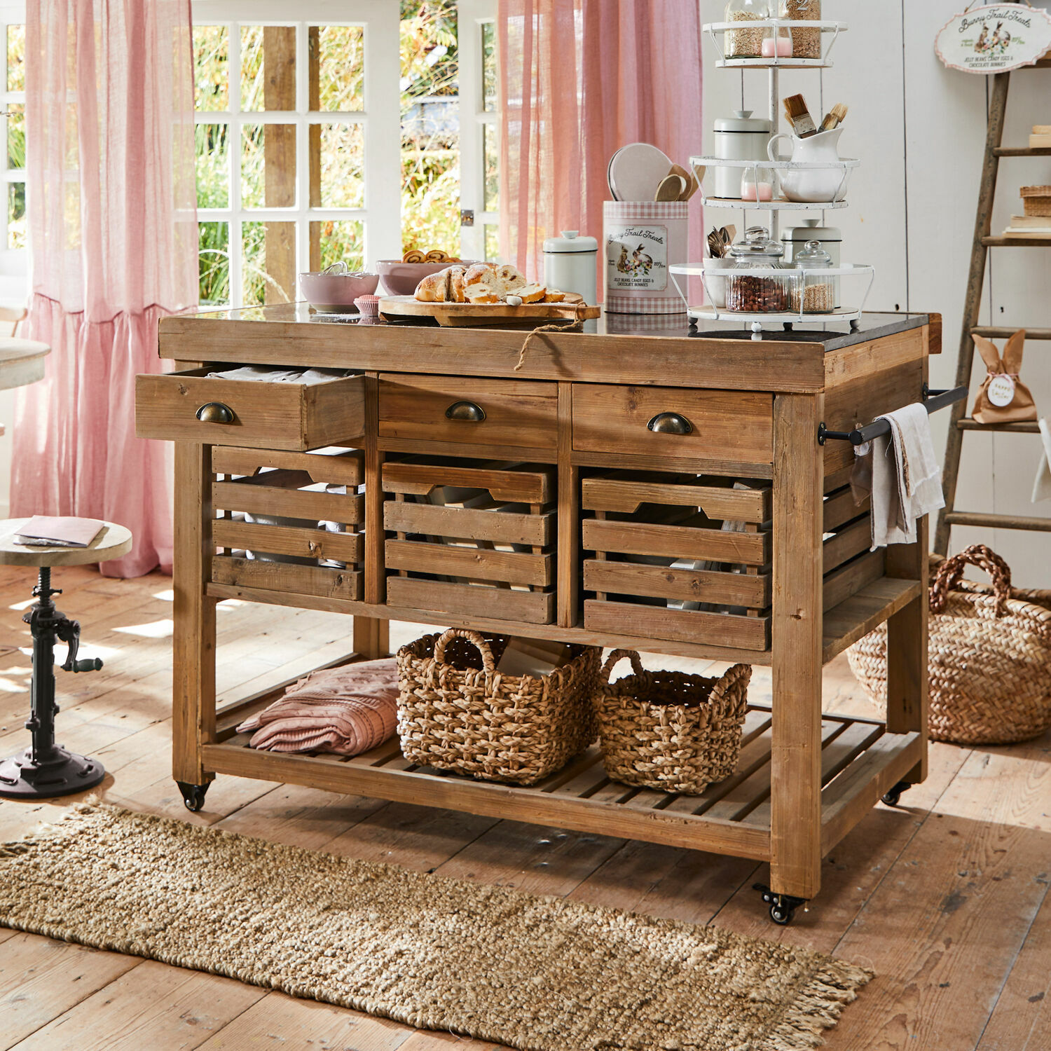 Mobile da cucina Haddonfield Carrello da cucina in legno naturale con cassetti e cestini, mobile pratico per riporre oggetti