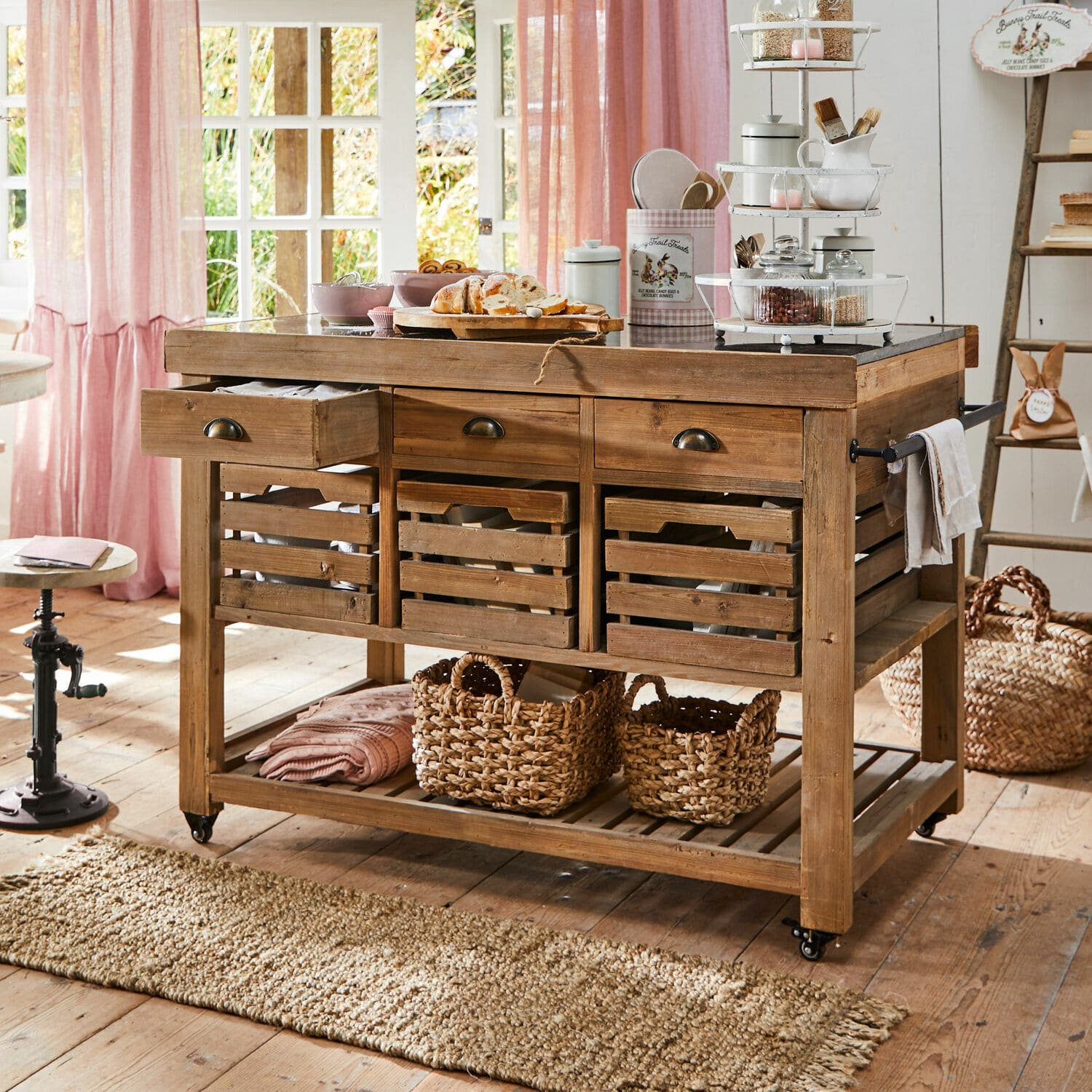 Mobile da cucina Haddonfield Carrello da cucina in legno naturale con cassetti e cestini, mobile pratico per riporre oggetti
