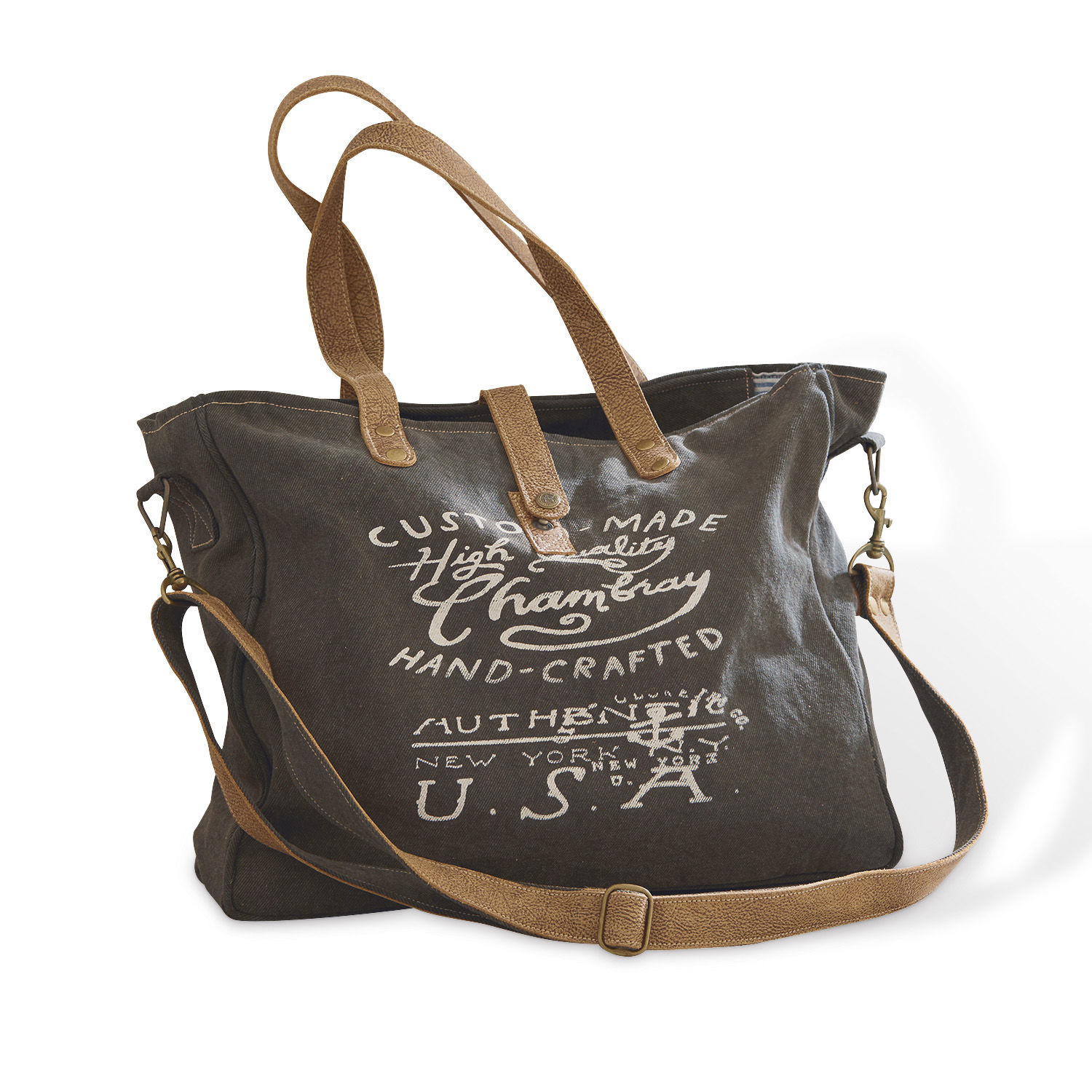 Borsa Kamjenia Borsa in tessuto grigio scuro con manici marrone chiaro e stampa vintage sul davanti