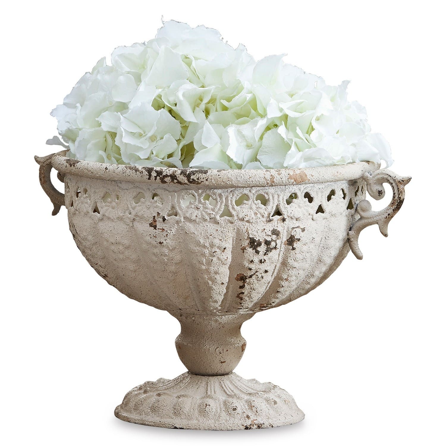 Anfora Vescemont Coppa decorativa in metallo bianco stile vintage con fiori bianchi per decorazione d'interni