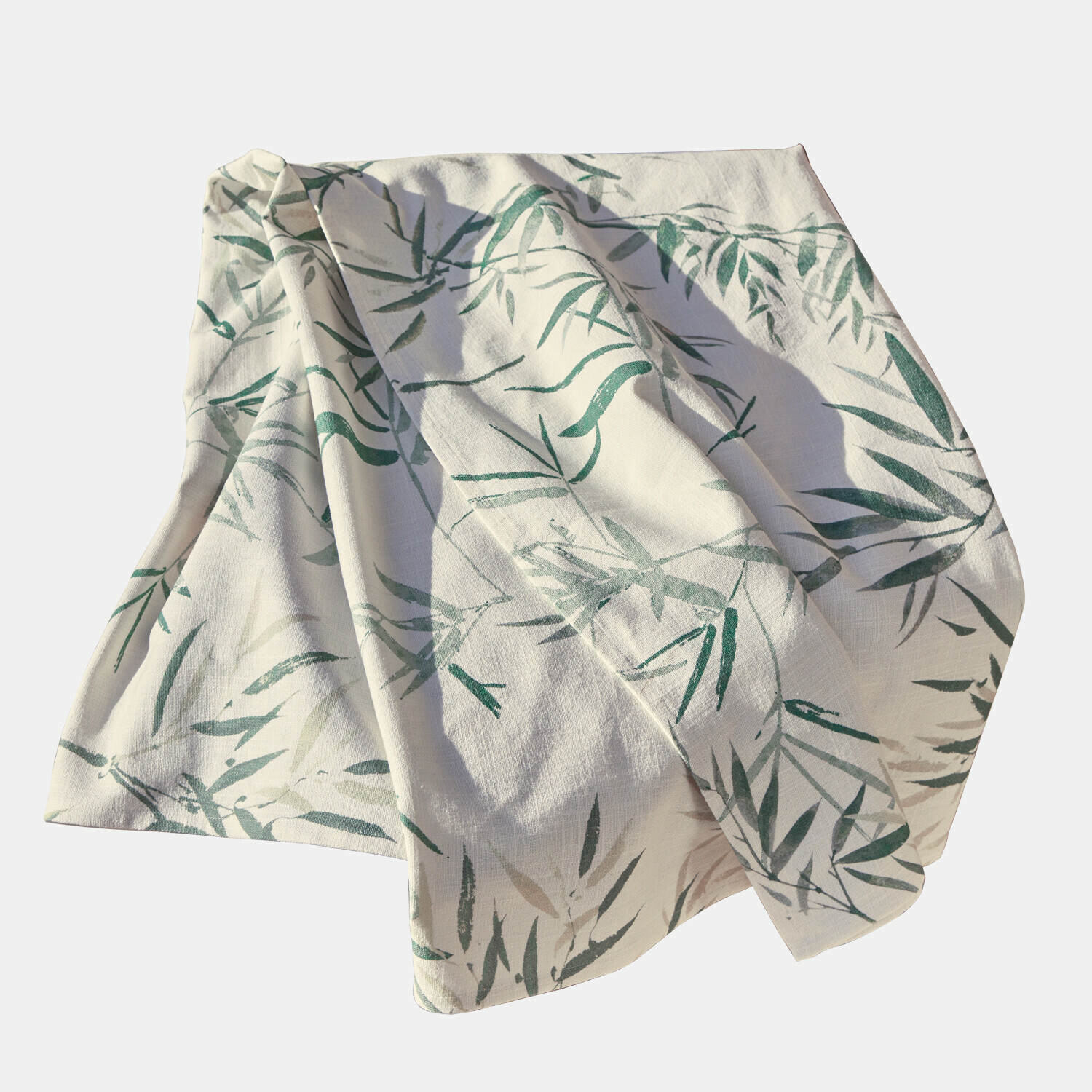 Coperta Clarisa Tovaglia in lino bianco con motivo foglie verdi, tessuto decorativo naturale per la casa