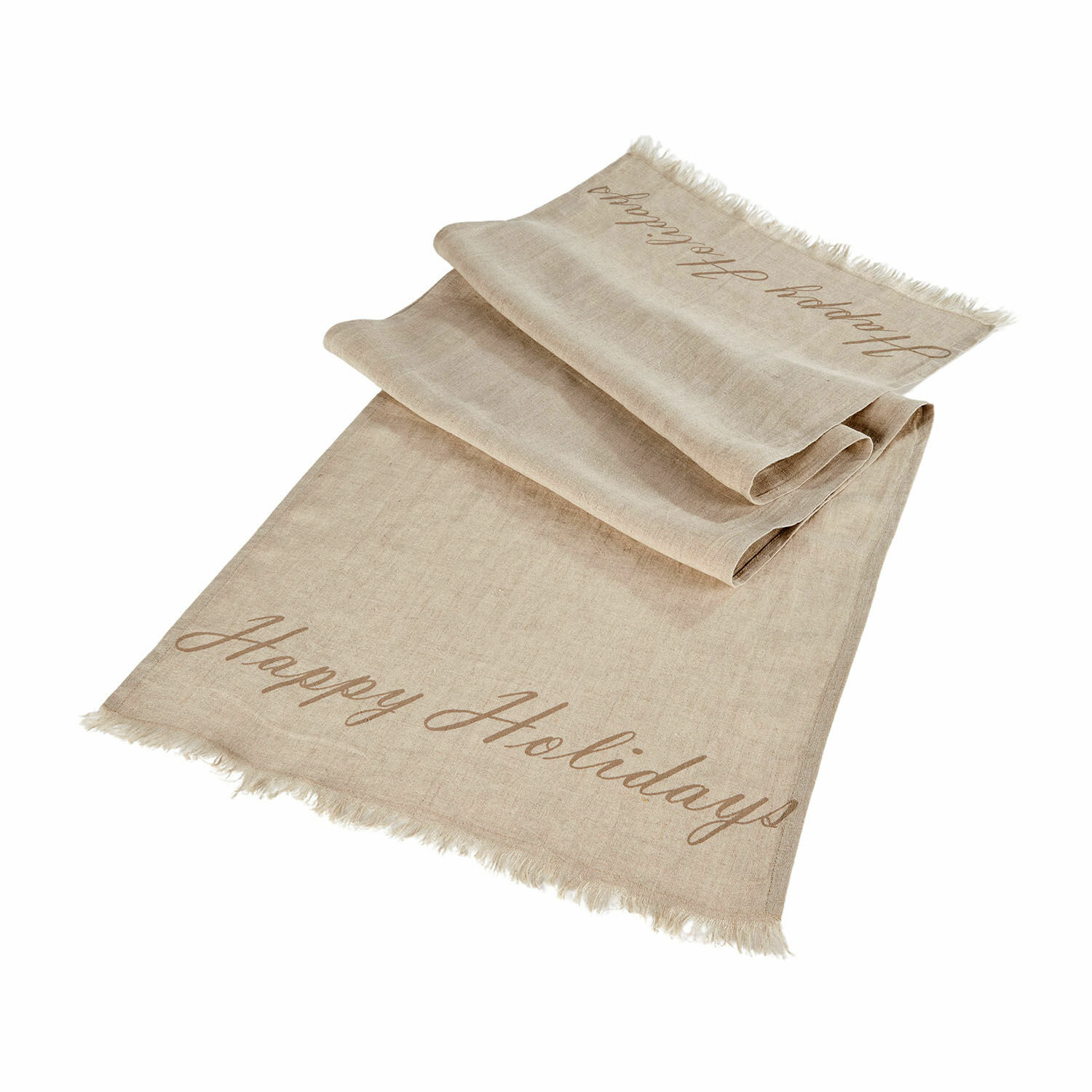 Runner Emilia Runner da tavola in lino beige con scritta Happy Holidays e frange, decorazione natalizia