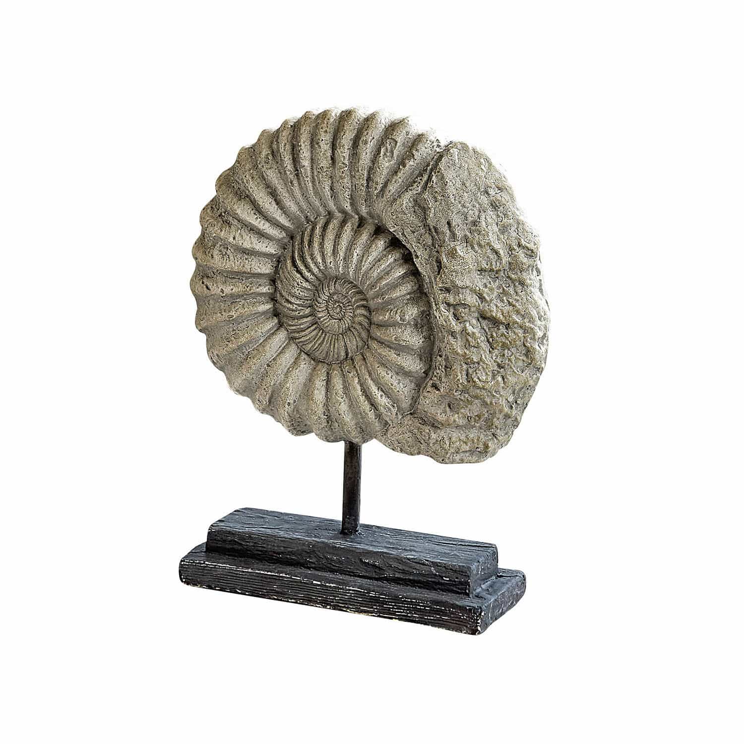 Oggetto decorativo Dewey Figura decorativa grigia a forma di ammonite su base nera in legno e metallo
