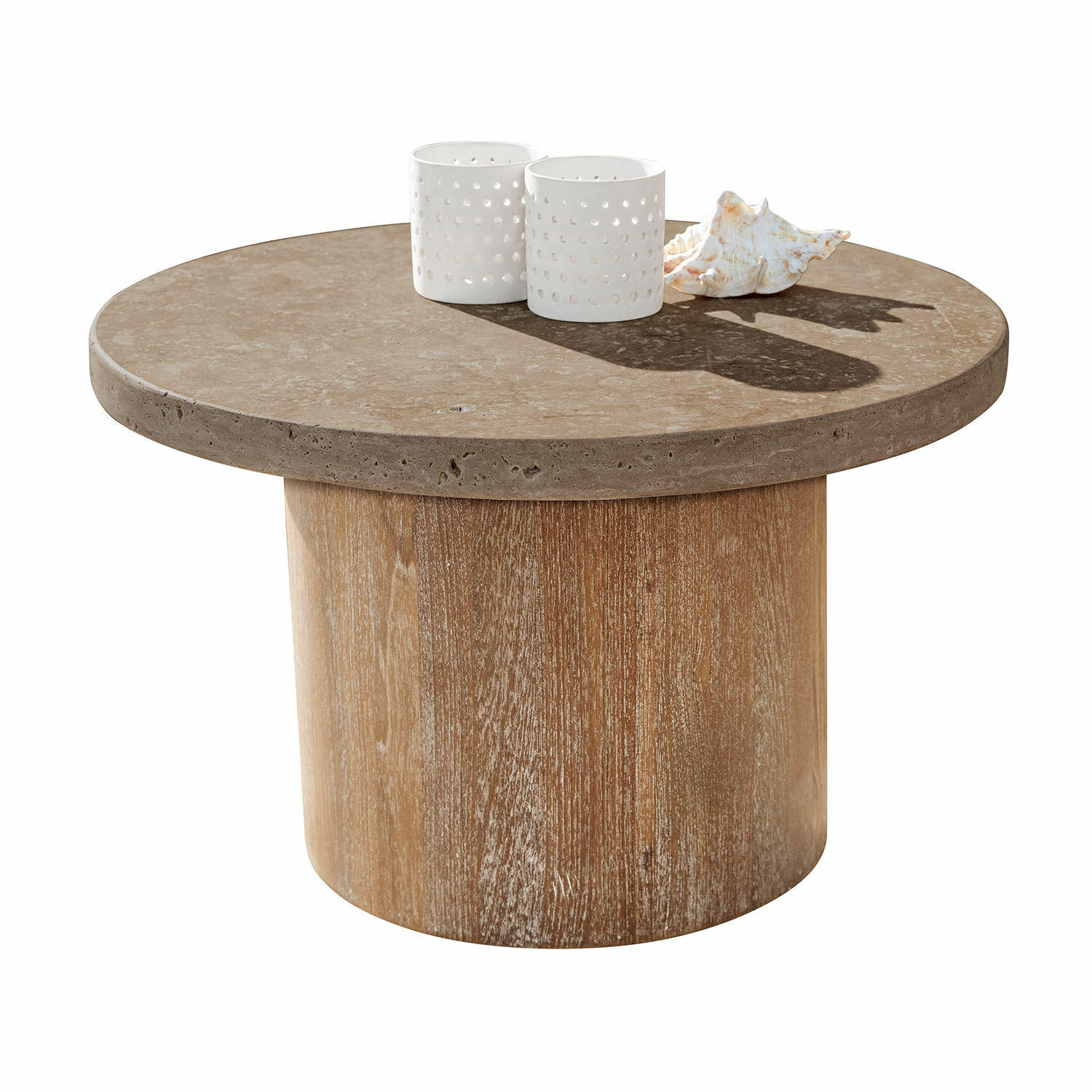 Tavolino da salotto Clearwater Tavolino rotondo con piano in pietra beige e base in legno naturale