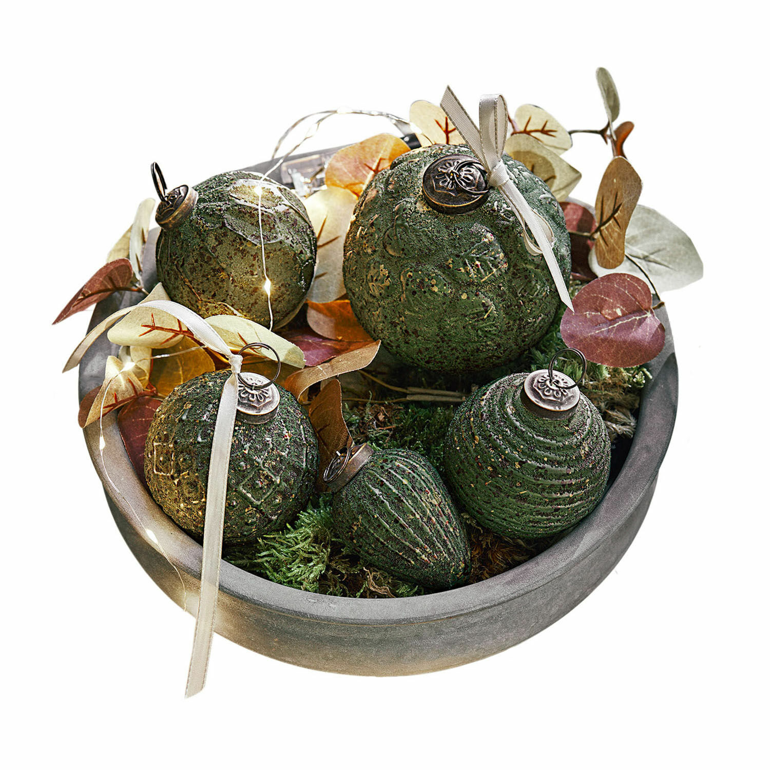 Set di 6 decorazioni natalizie Moriches Decorazione natalizia verde con sfere in ceramica e foglie finte in ciotola grigia