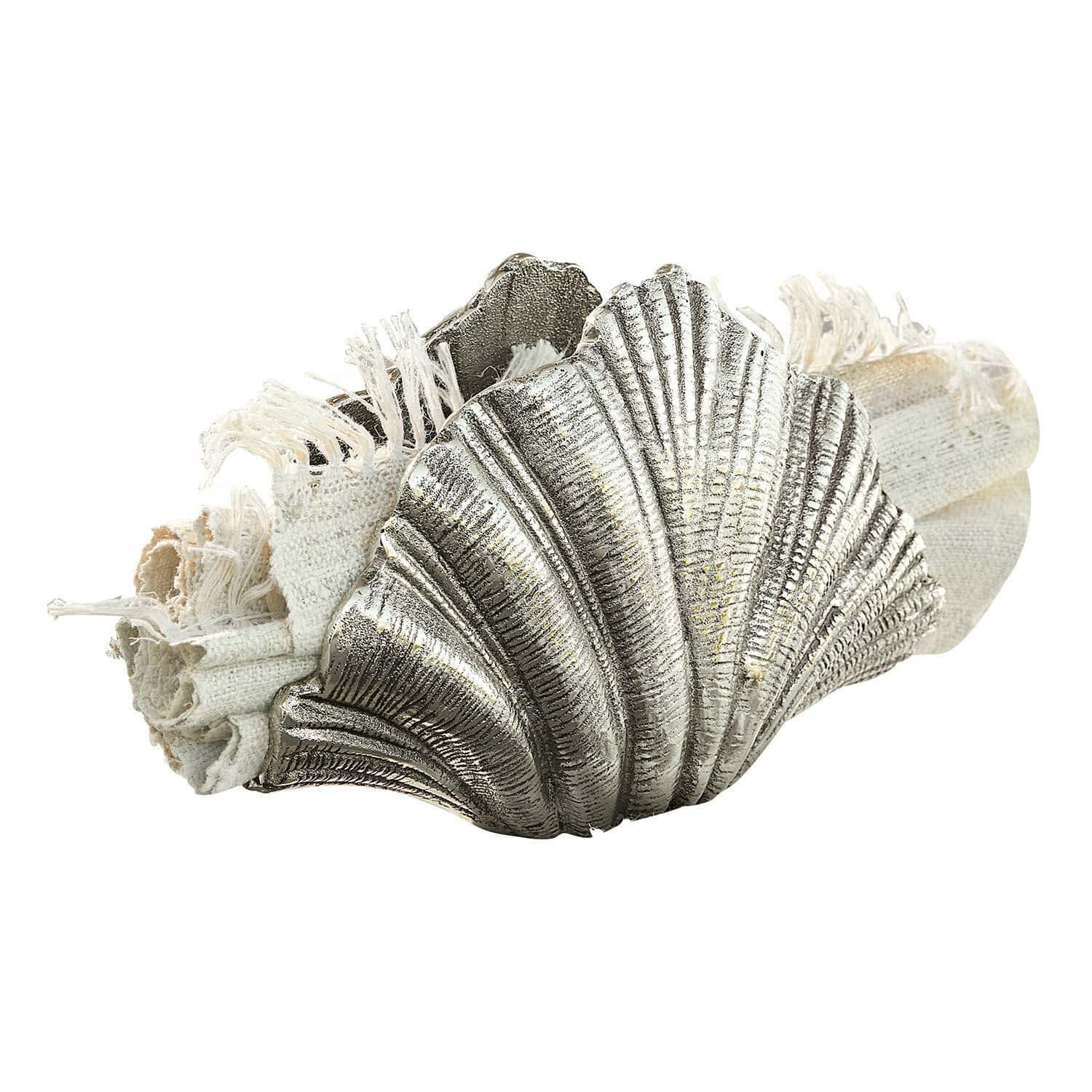 Soprammobile Montarel Anello portatovagliolo in metallo argento a forma di conchiglia con tovagliolo di lino bianco