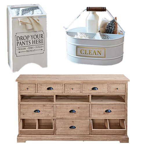 Set lavanderia con cesta bianca, vassoio in metallo e cassettiera in legno con cassetti