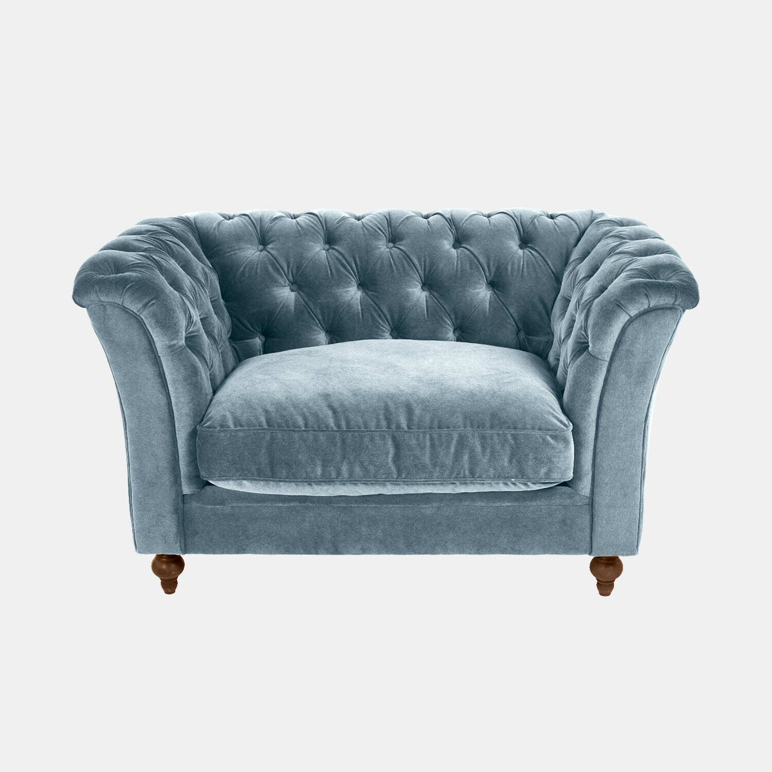 blu Divano blu in velluto con schienale capitonné e gambe in legno, mobile confortevole per soggiorno