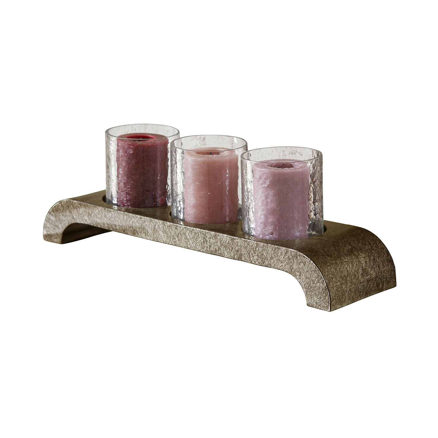 Portacandele Silvra Set di tre candele rosa e bordeaux in portacandele di vetro su base decorativa marrone