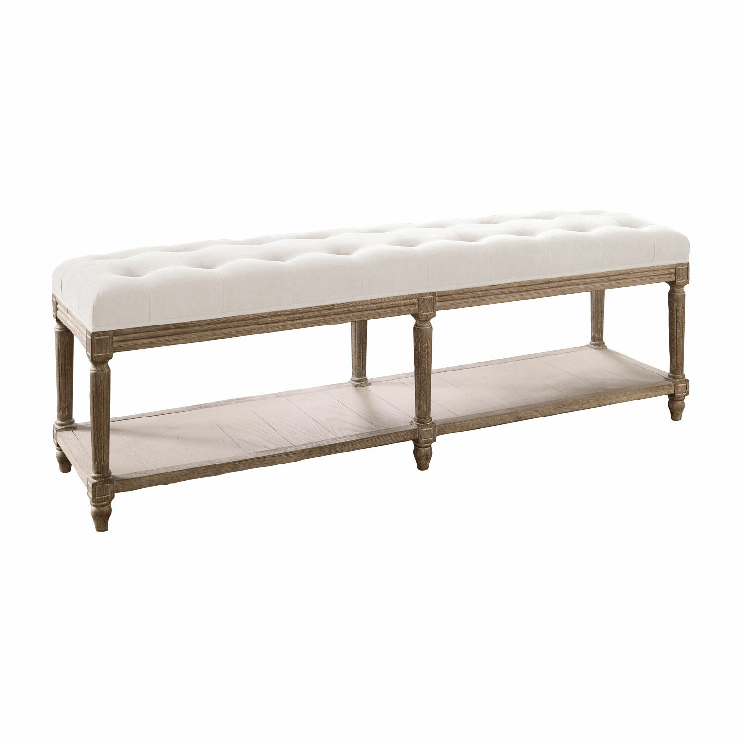 Panca Surcelles con seduta trapuntata crema e struttura in legno marrone antico, stile vintage