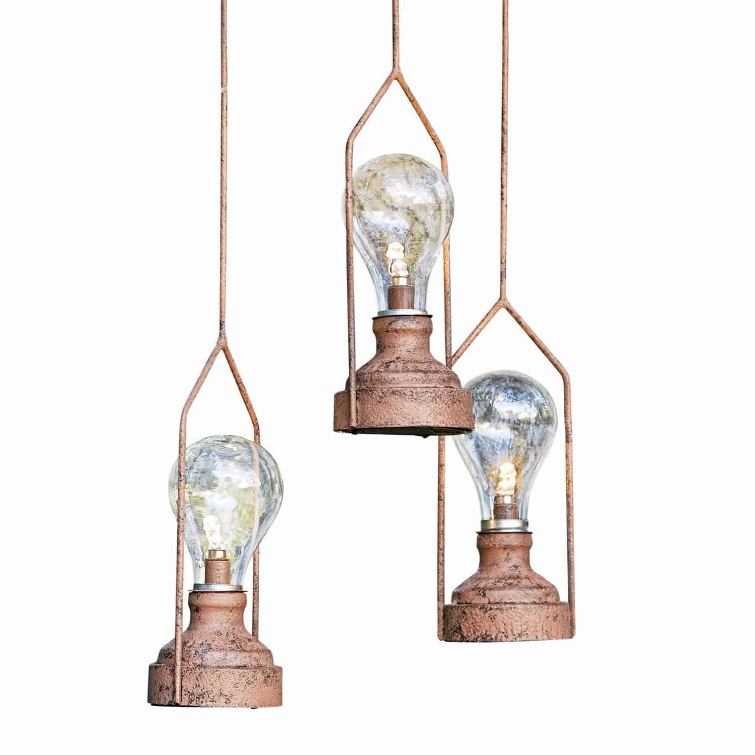 Set di 3 lanterne a LED a sospensione Chambéry Tre lampade a sospensione con base in metallo arrugginito e lampadine LED trasparenti per illuminazione d'ambiente