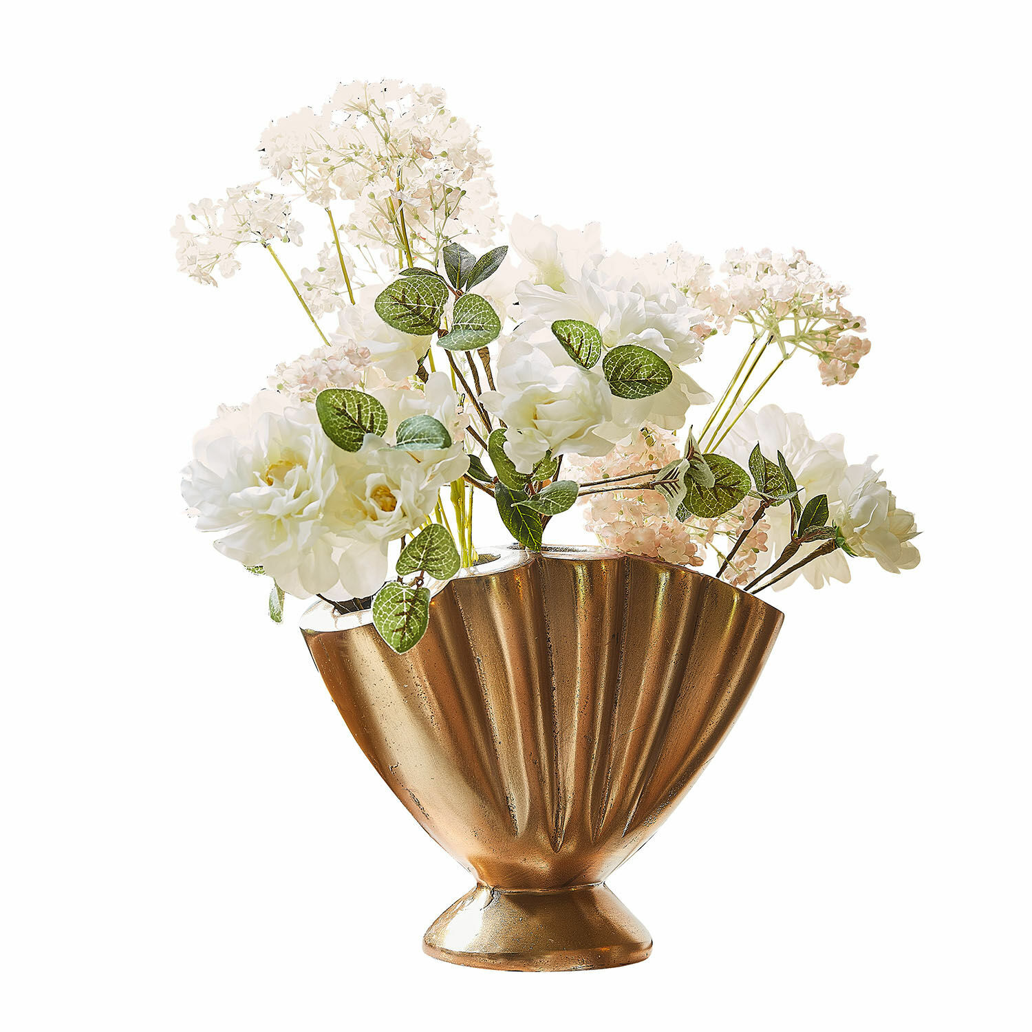Vaso Chavelot Vaso in metallo dorato a forma di ventaglio con fiori bianchi decorativi per interni