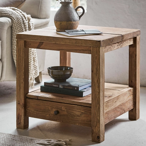 Tavolino quadrato in legno di pino naturale con cassetto e ripiano per libri
