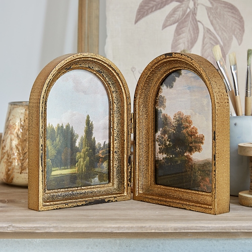 Cornice dorata pieghevole a due ante con paesaggio, decorazione vintage da tavolo