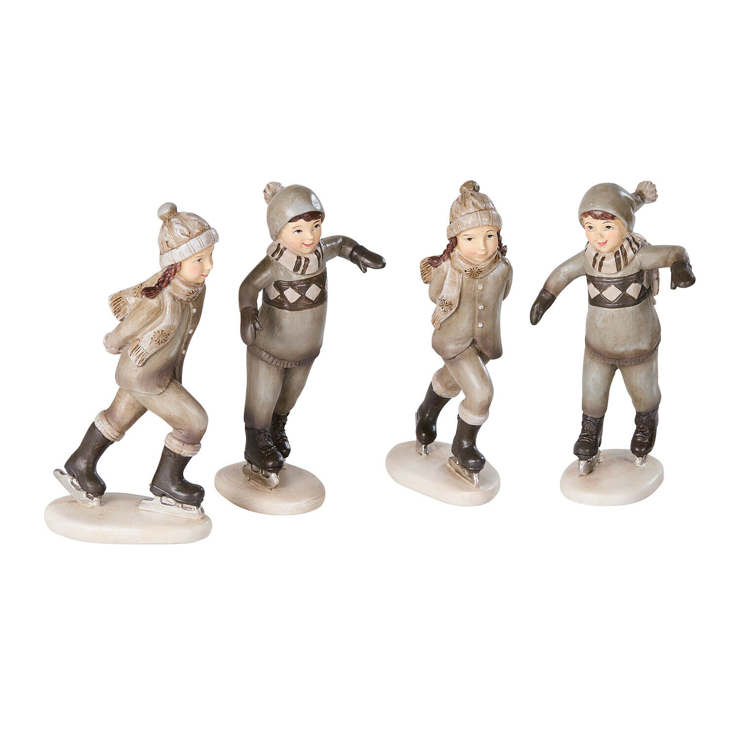 Set di 4 statuine Mériot Figure in ceramica di bambini che pattinano con abbigliamento beige e marrone, decorazione invernale
