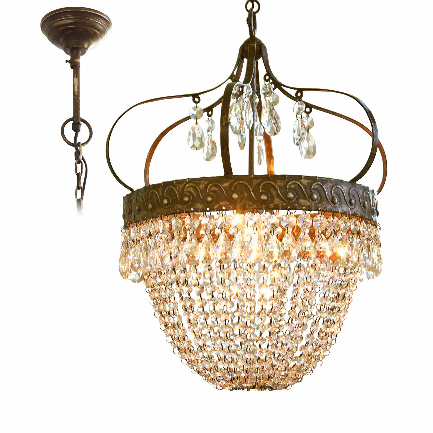 Lampadario Margelieu Lampadario sospeso in metallo e cristalli color oro antico, illuminazione elegante per soggiorno