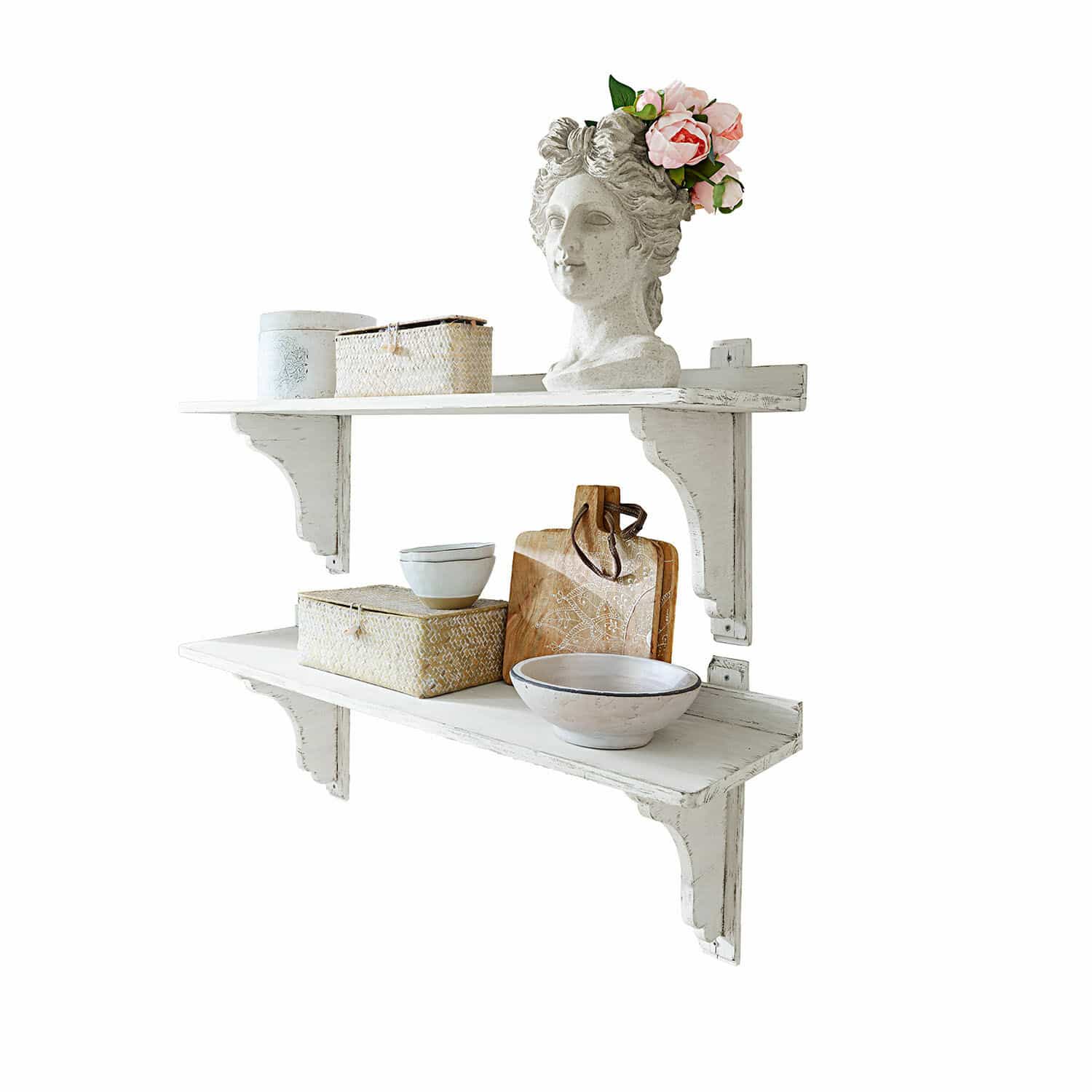 Coppia di mensole Yvelique Mensole da parete in legno bianco con oggetti decorativi e ciotole in ceramica per interni.