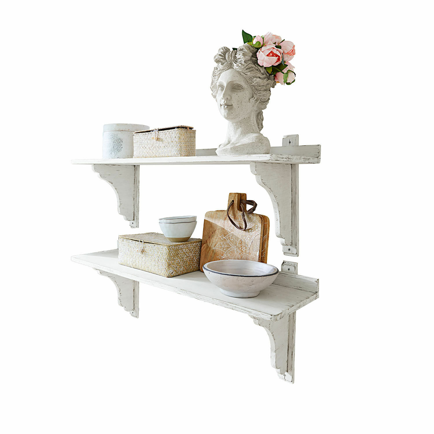 Coppia di mensole Yvelique Mensole da parete in legno bianco con oggetti decorativi e ciotole in ceramica per interni.