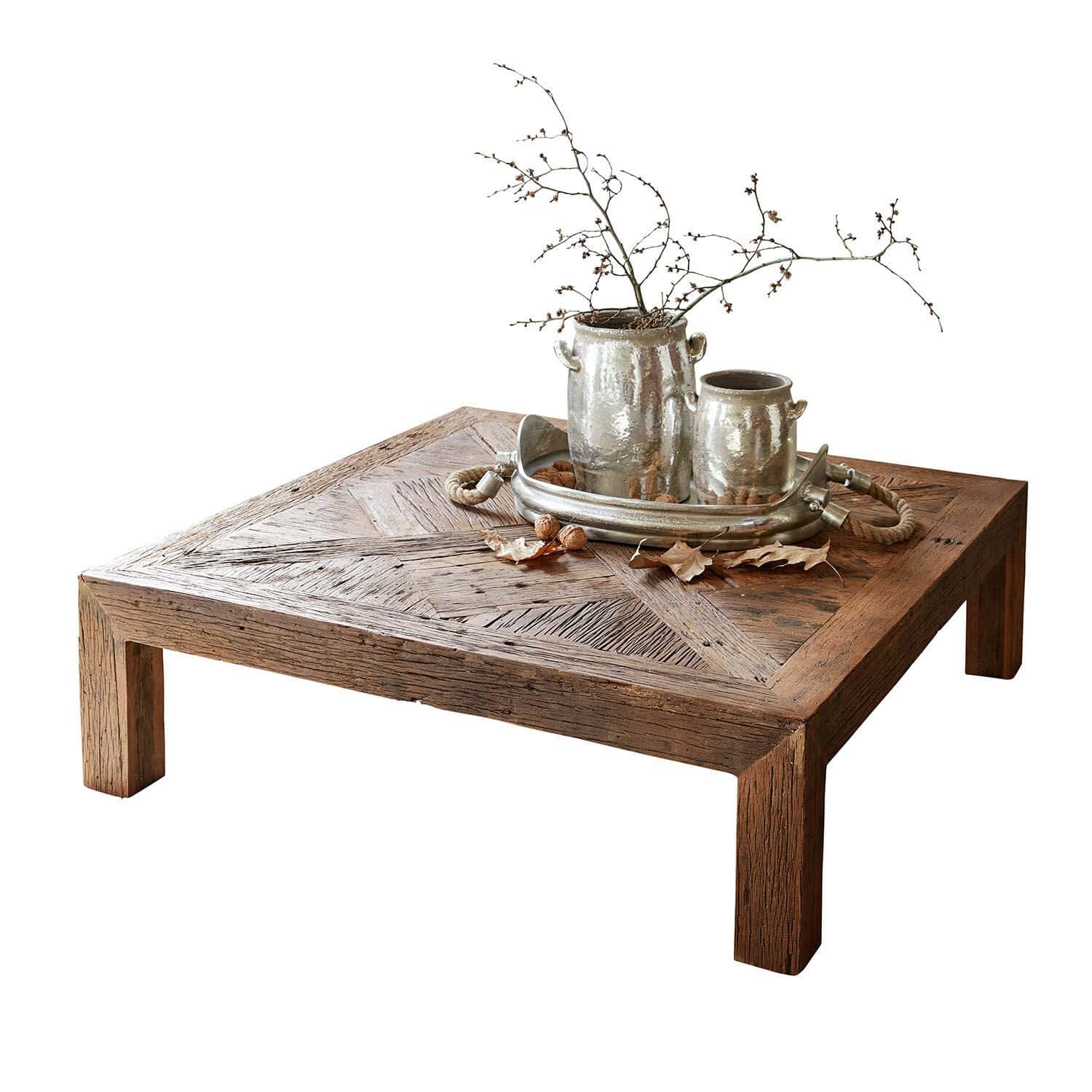 Tavolino da salotto Vivacetto Tavolino quadrato in legno con vasi metallici decorativi e rami sul piano
