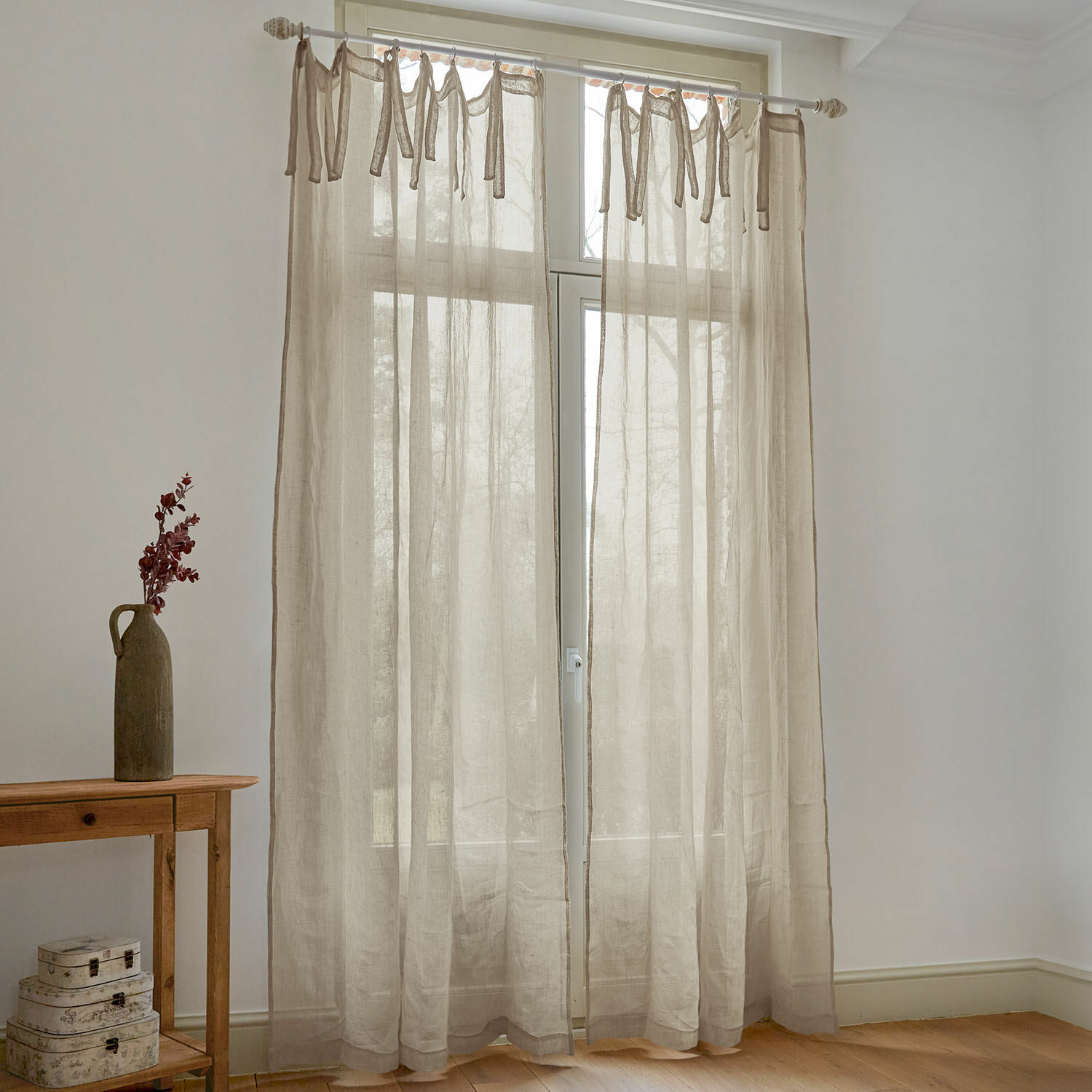 Tenda Velloran Tenda beige in lino con lacci annodati, tessuto leggero per decorazione finestra in soggiorno