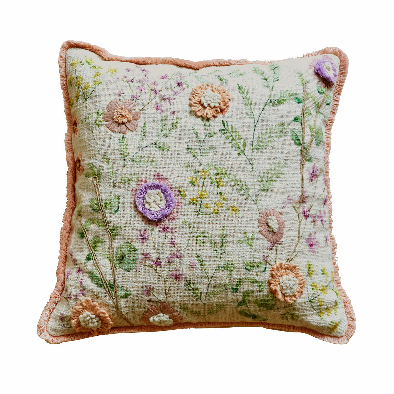 Copricuscino Lailah Cuscino decorativo in cotone con ricami floreali pastello e bordo rosa per arredo casa