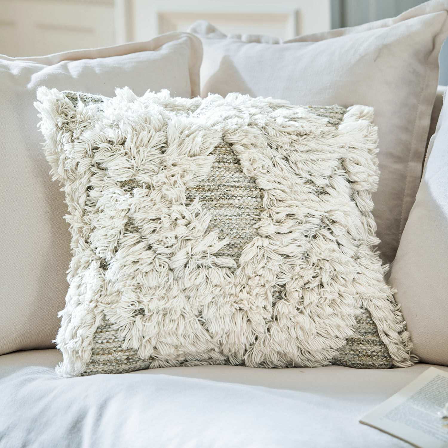 Copricuscino per esterni e interni Meagan Cuscino decorativo in cotone crema con motivo soffice per divano accogliente