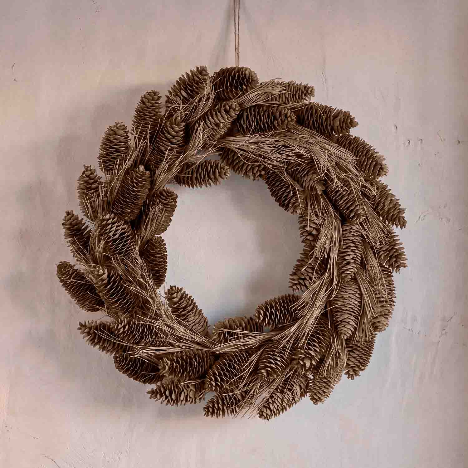 Corona decorativa naturale con pigne marroni e erba secca per decorazione da parete