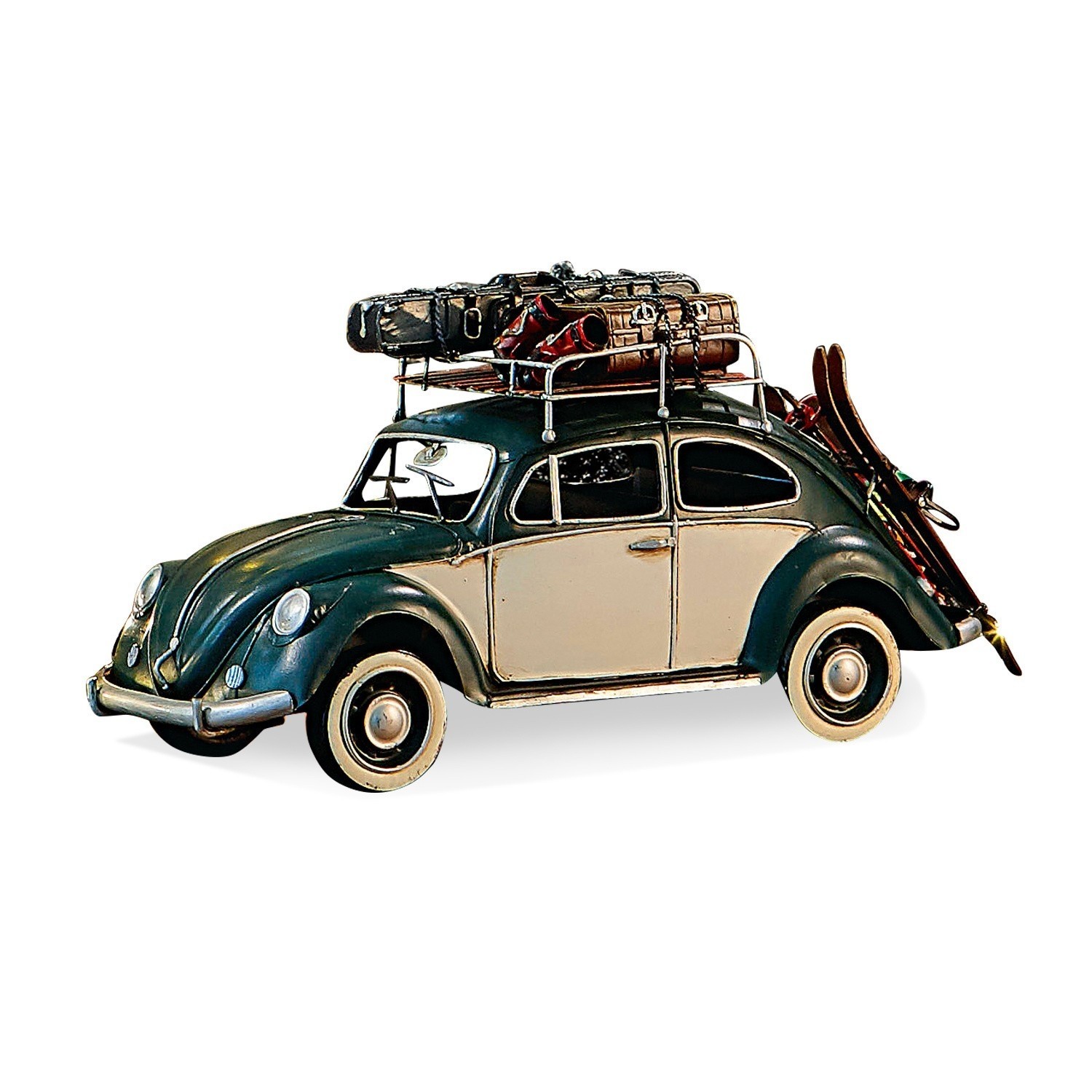 Automobile decorativa Dawlish Modello in metallo di auto classica verde e beige con bagagli e sci sul tetto