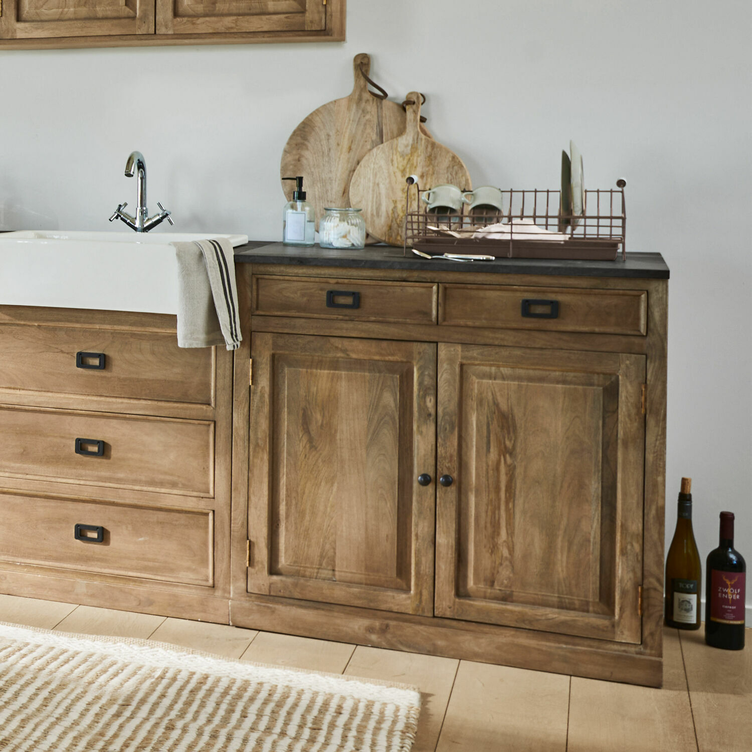 Base da cucina Montégut Mobile cucina in legno naturale con lavello e piano di lavoro, stile rustico, accessori da cucina
