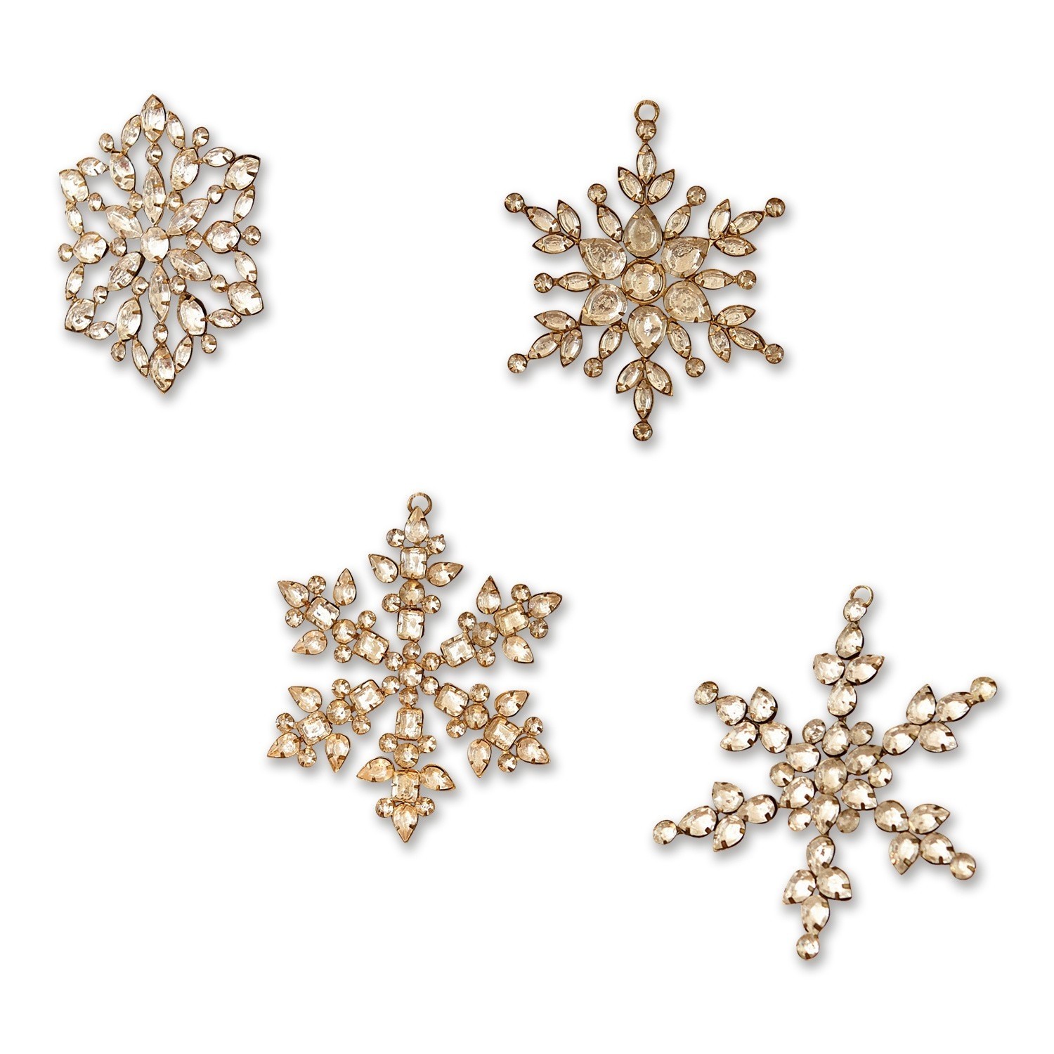 Set di 4 decorazioni natalizie Gaillon Set di quattro decorazioni dorate a forma di fiocco di neve con cristalli per decorazioni natalizie