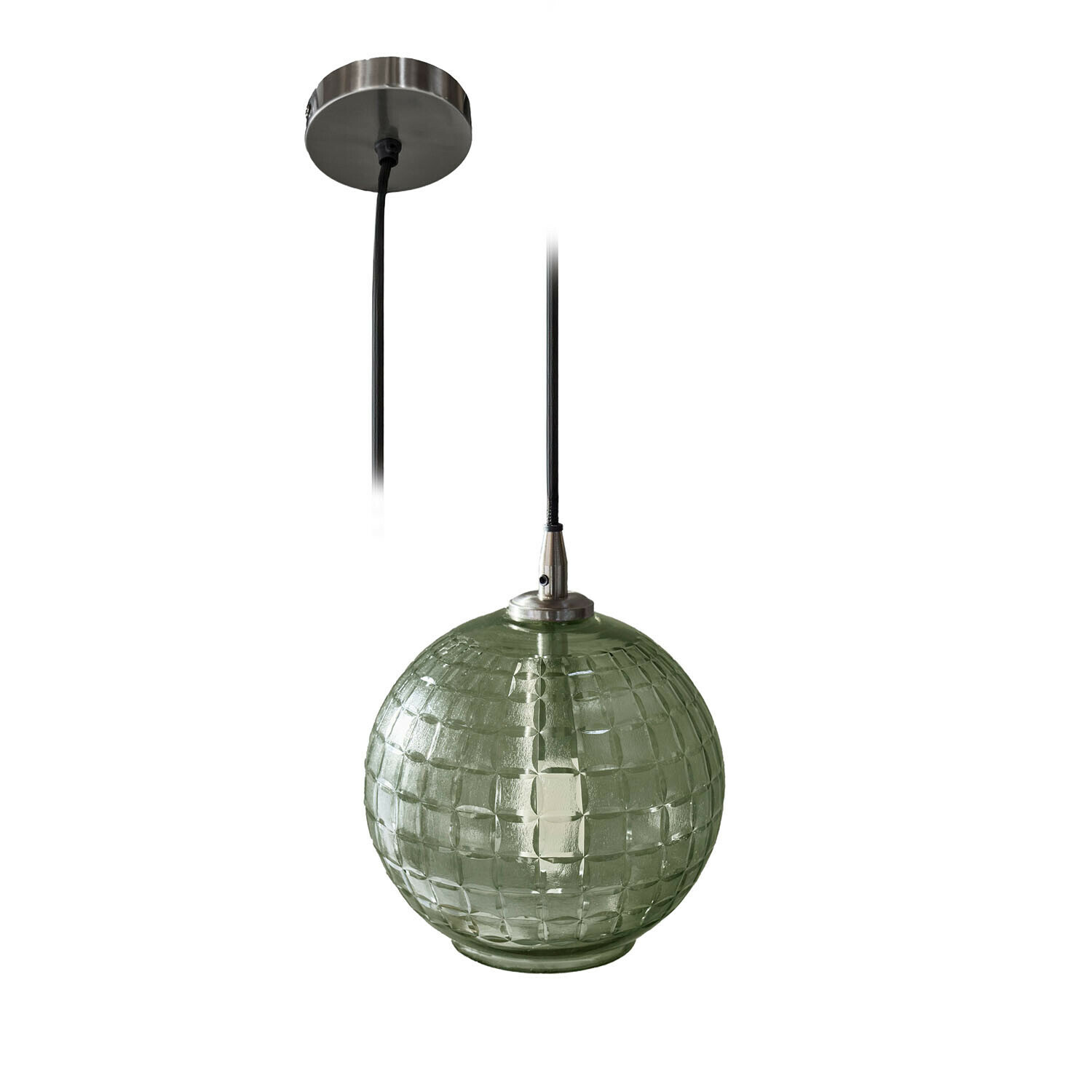 Lampada a sospensione Lunémis Lampada a sospensione in vetro verde con supporto metallico e cavo nero, illuminazione moderna