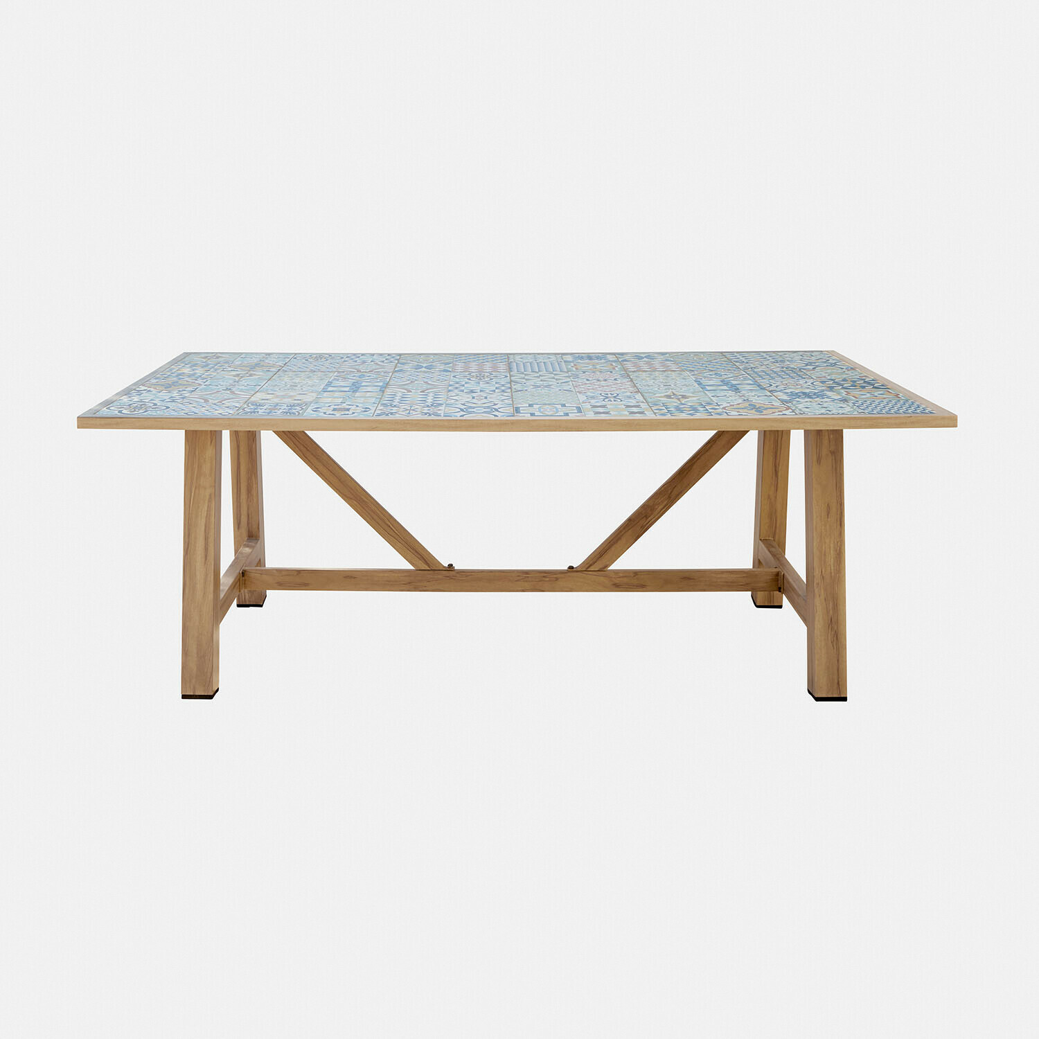 Tavolo da pranzo Galdorena Tavolo con base in legno e piano in piastrelle ceramiche blu e bianche, mobile da sala da pranzo