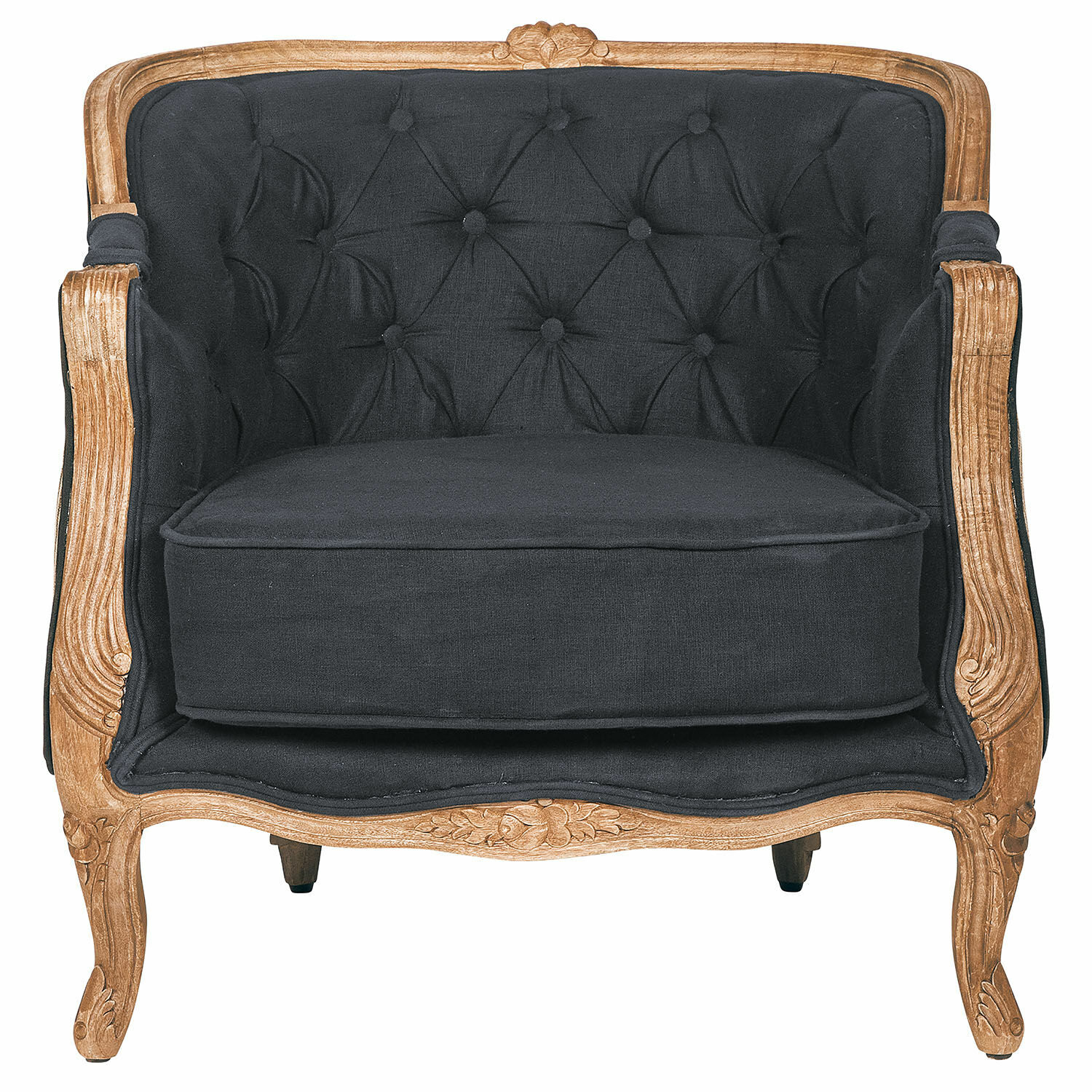 nero Poltrona Annezay nera in tessuto con cornice in legno intagliato, mobile elegante per soggiorno