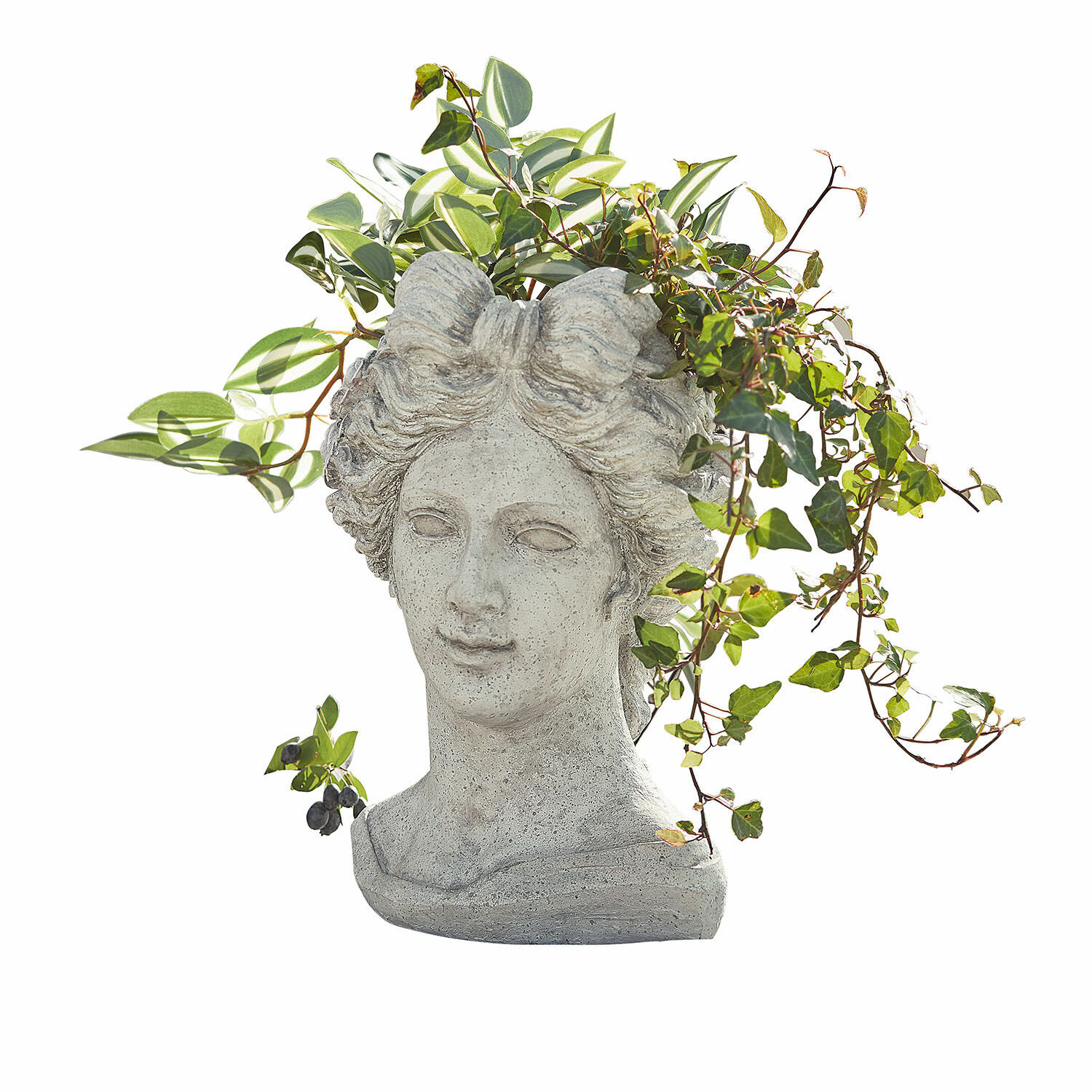 Portavaso Cassiopeia Vaso a forma di testa di donna in pietra grigia con piante verdi, decorazione da giardino