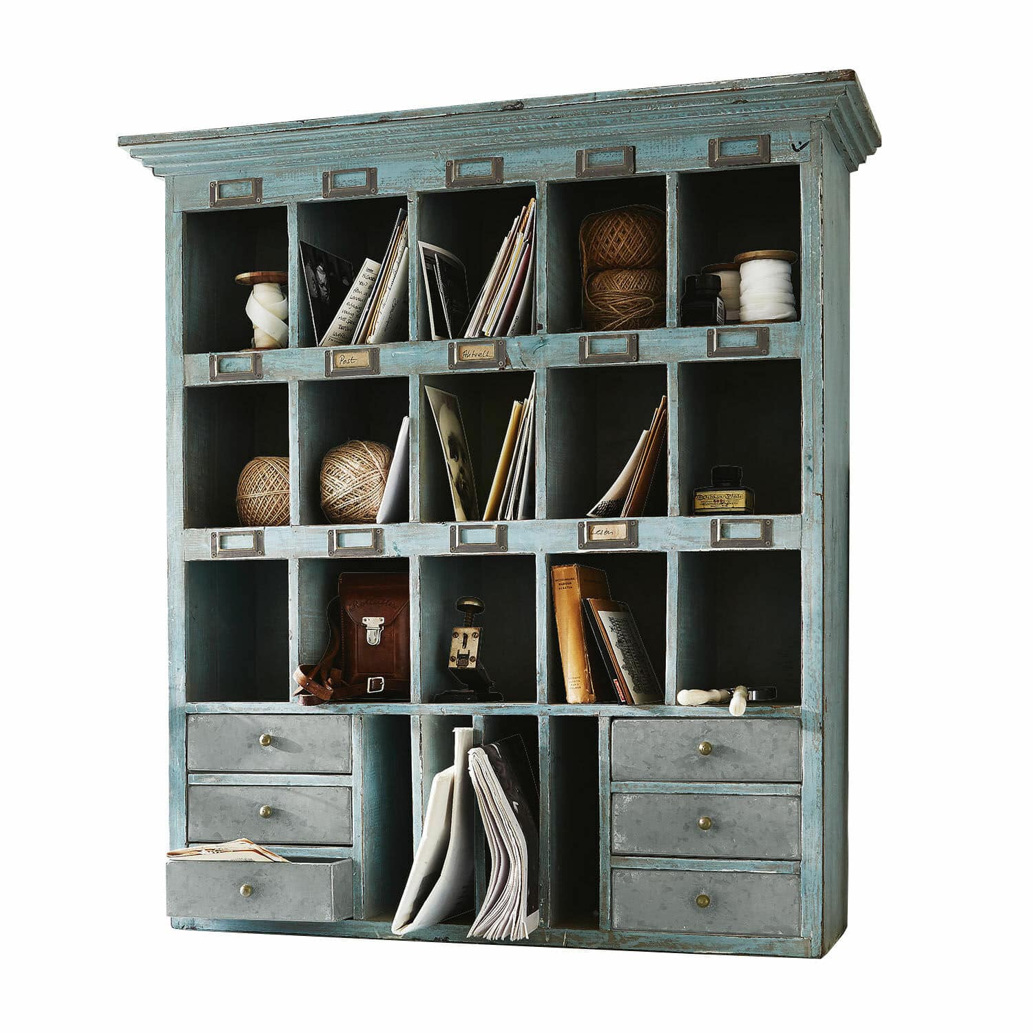 Scaffale Andover Mobile in legno blu con molti scomparti e cassetti per conservare documenti e accessori