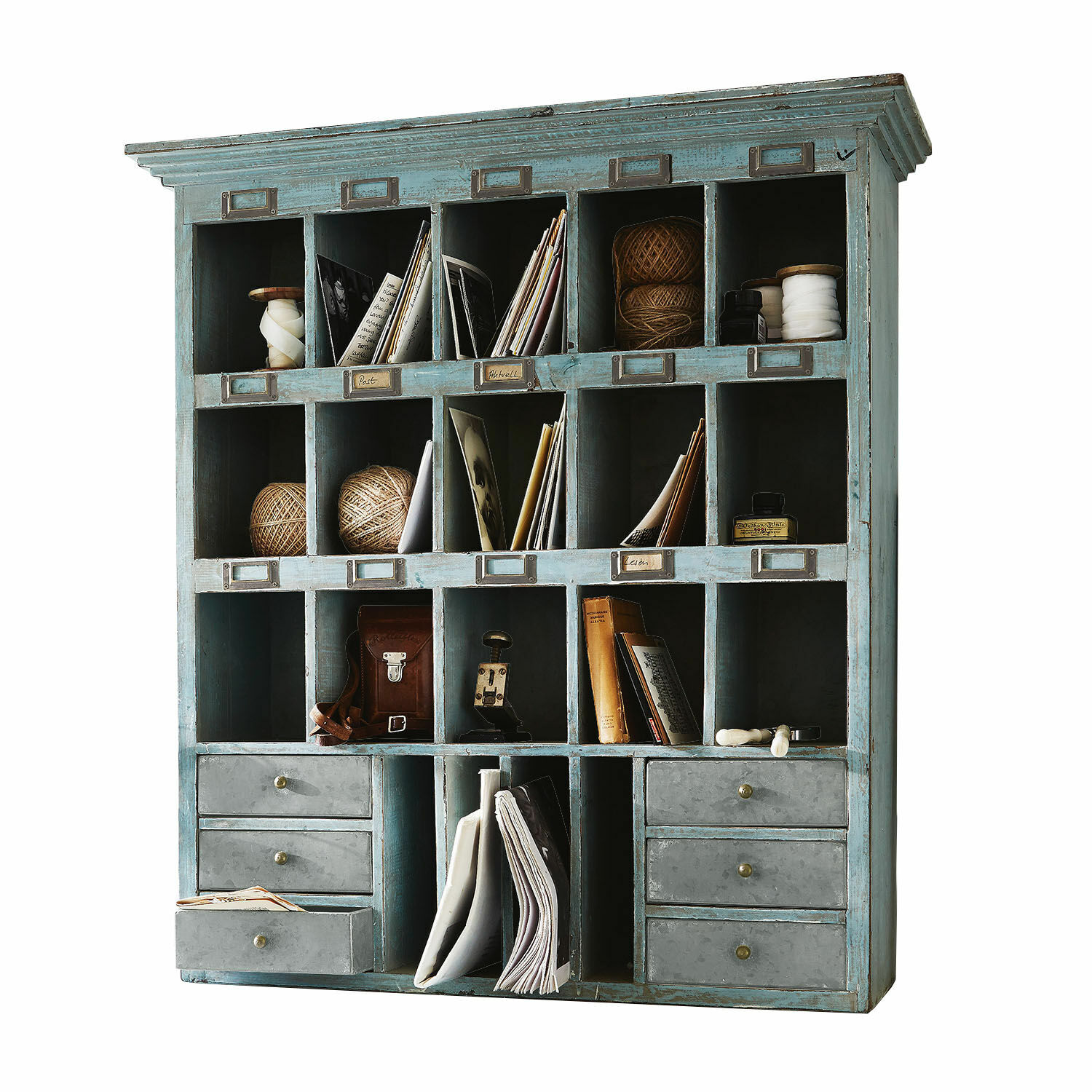 Scaffale Andover Mobile in legno blu con molti scomparti e cassetti per conservare documenti e accessori