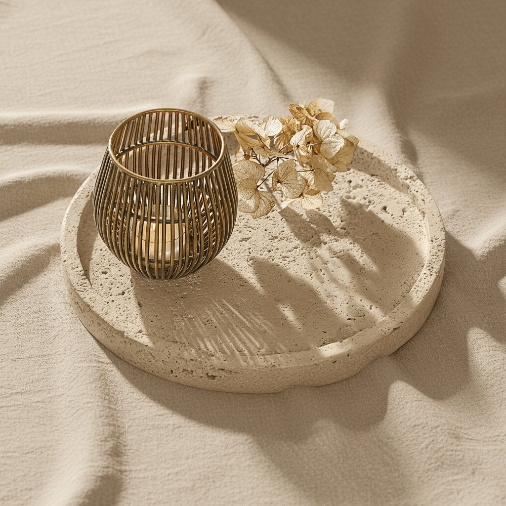 Vassoio rotondo in pietra chiara con portacandela in metallo e fiori secchi su tessuto beige