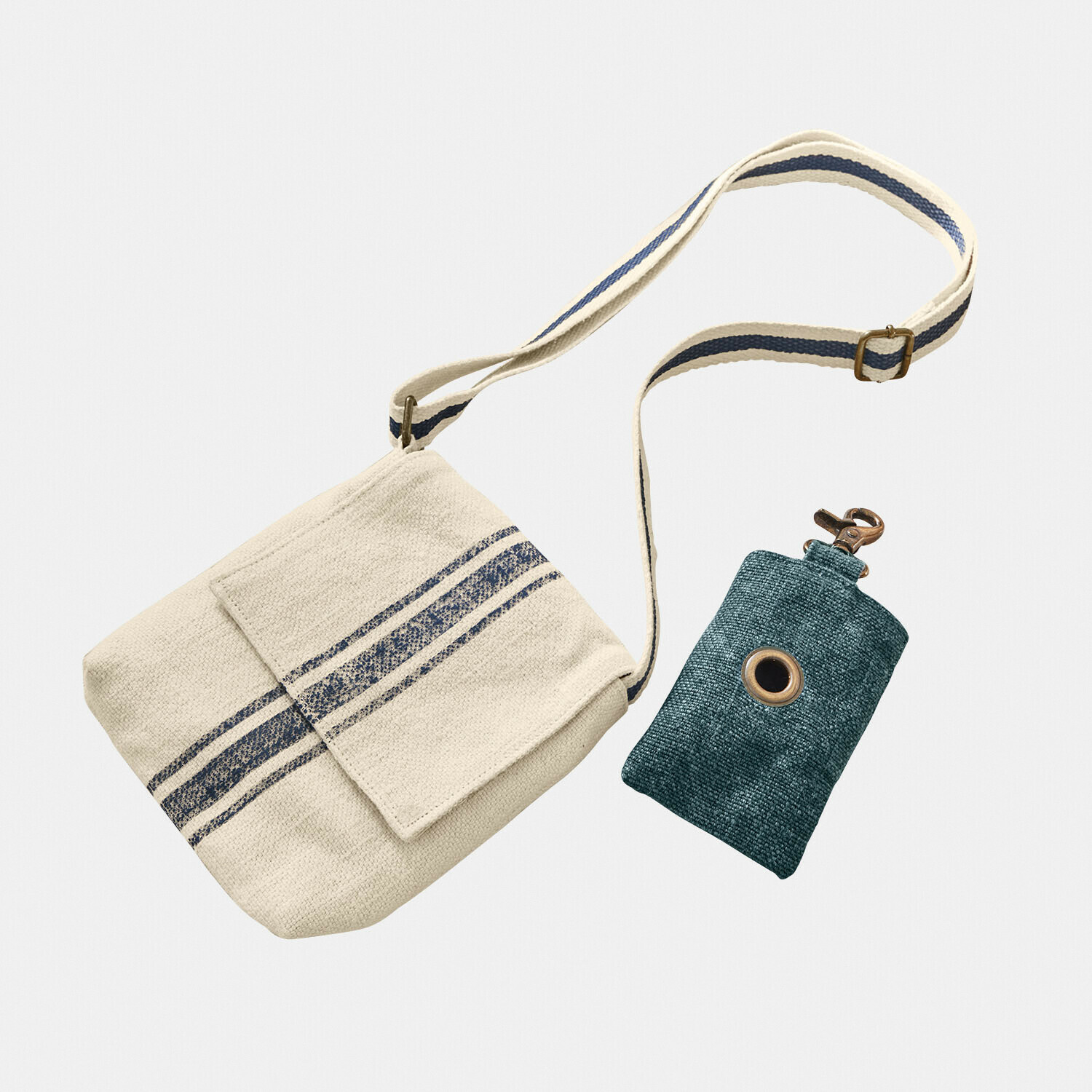 Coppia di sacchetti Pawera Borsa a tracolla in cotone beige con strisce blu e custodia verde per chiavi con moschettone