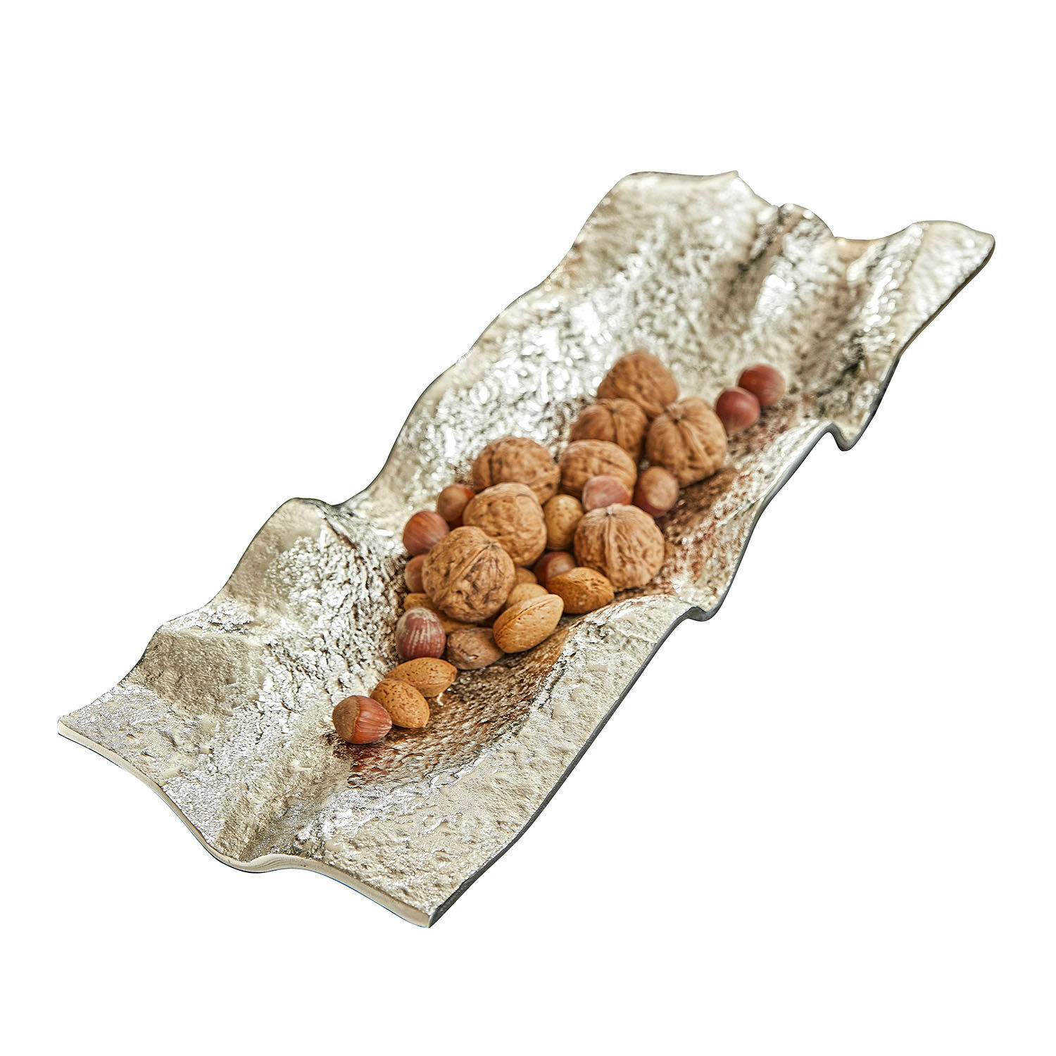 Centrotavola Fariza Vassoio decorativo in metallo argentato con noci, design moderno per soggiorno e cucina