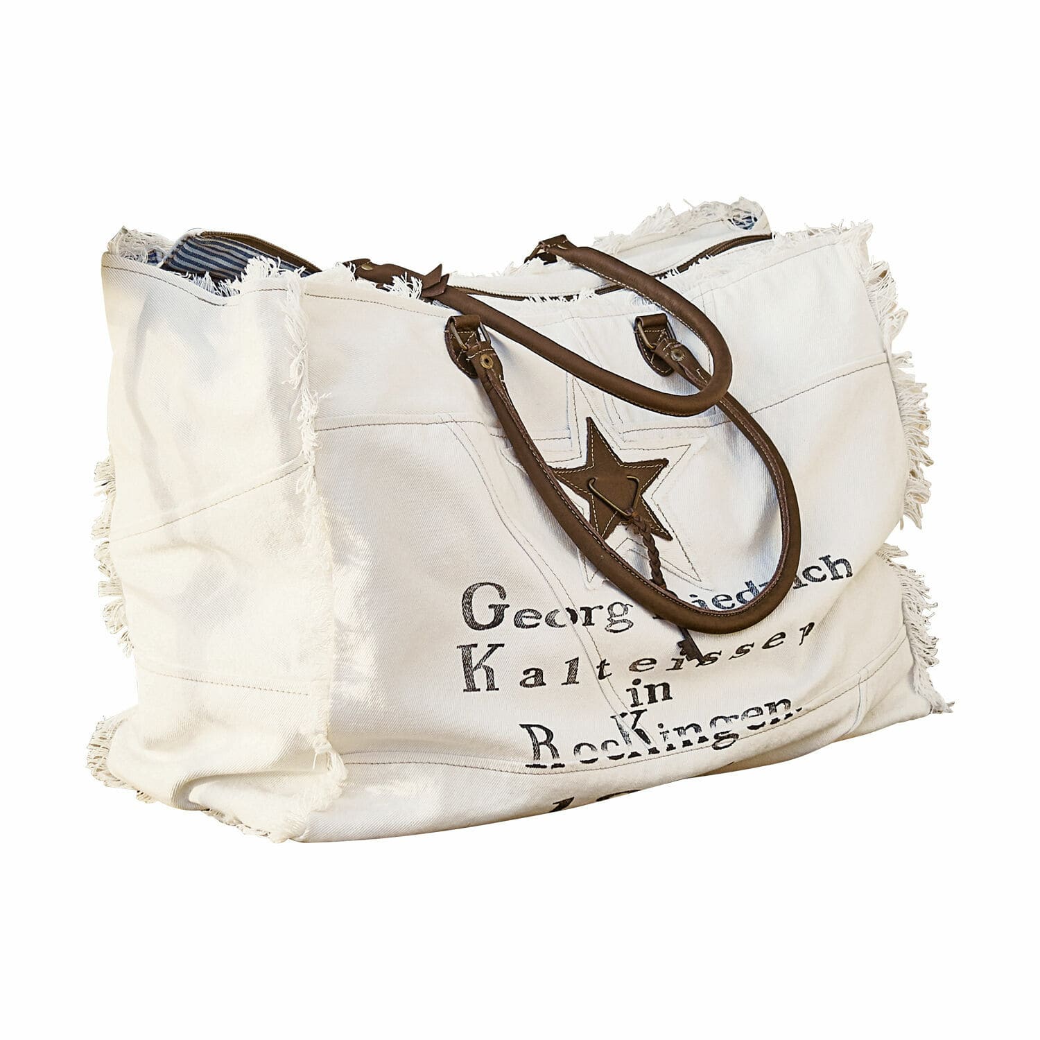 Borsa Friedrich Grande borsa in tessuto bianco con manici marroni e stella stampata, borsa per la spesa