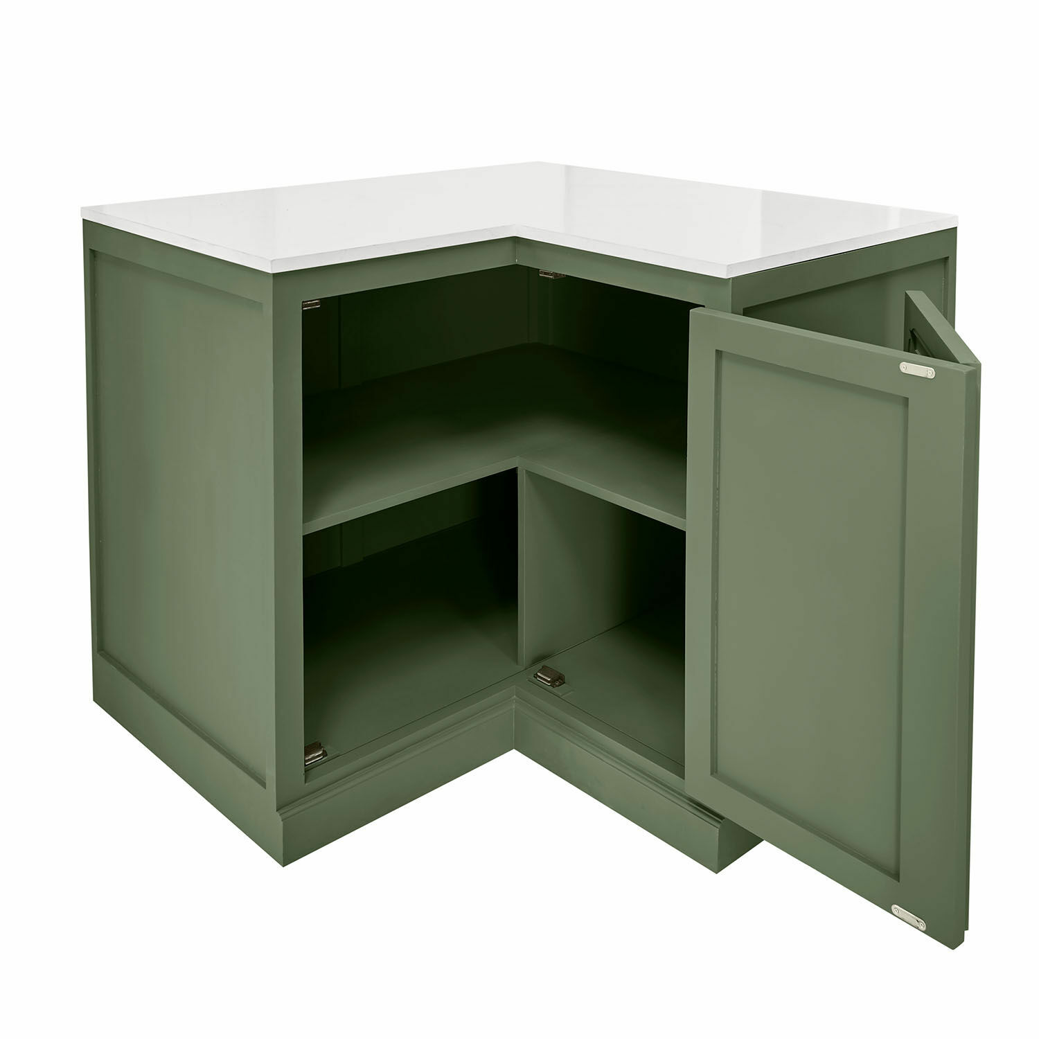 Base ad angolo Lansbury Mobile angolare verde in legno con piano bianco, spazio contenitivo pratico per la casa