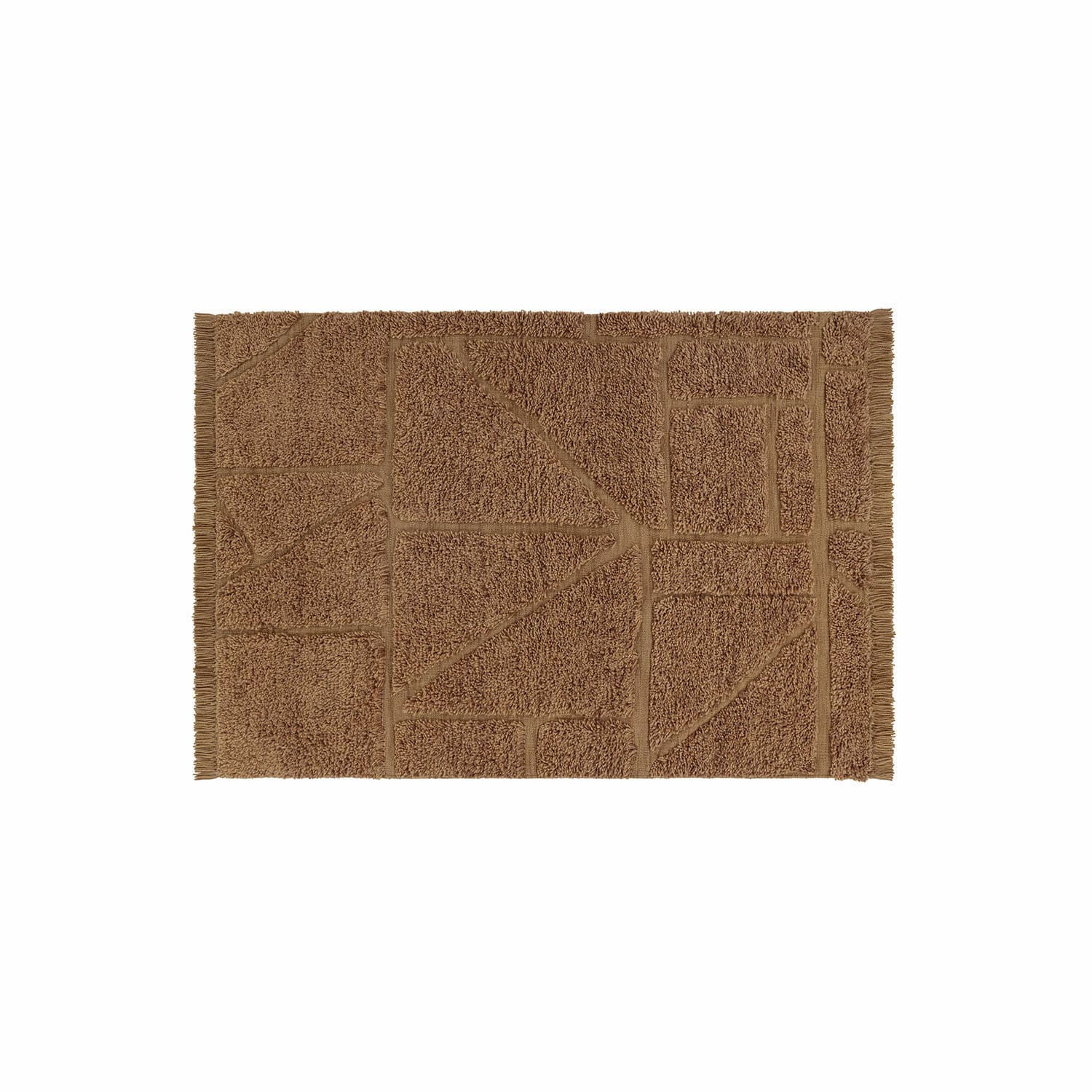 Tappeto Volemar Tappetino da bagno marrone in cotone con motivo geometrico e frange ai bordi