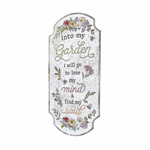 Targa decorativa da giardino con scritta e motivo floreale su sfondo bianco, decorazione esterna