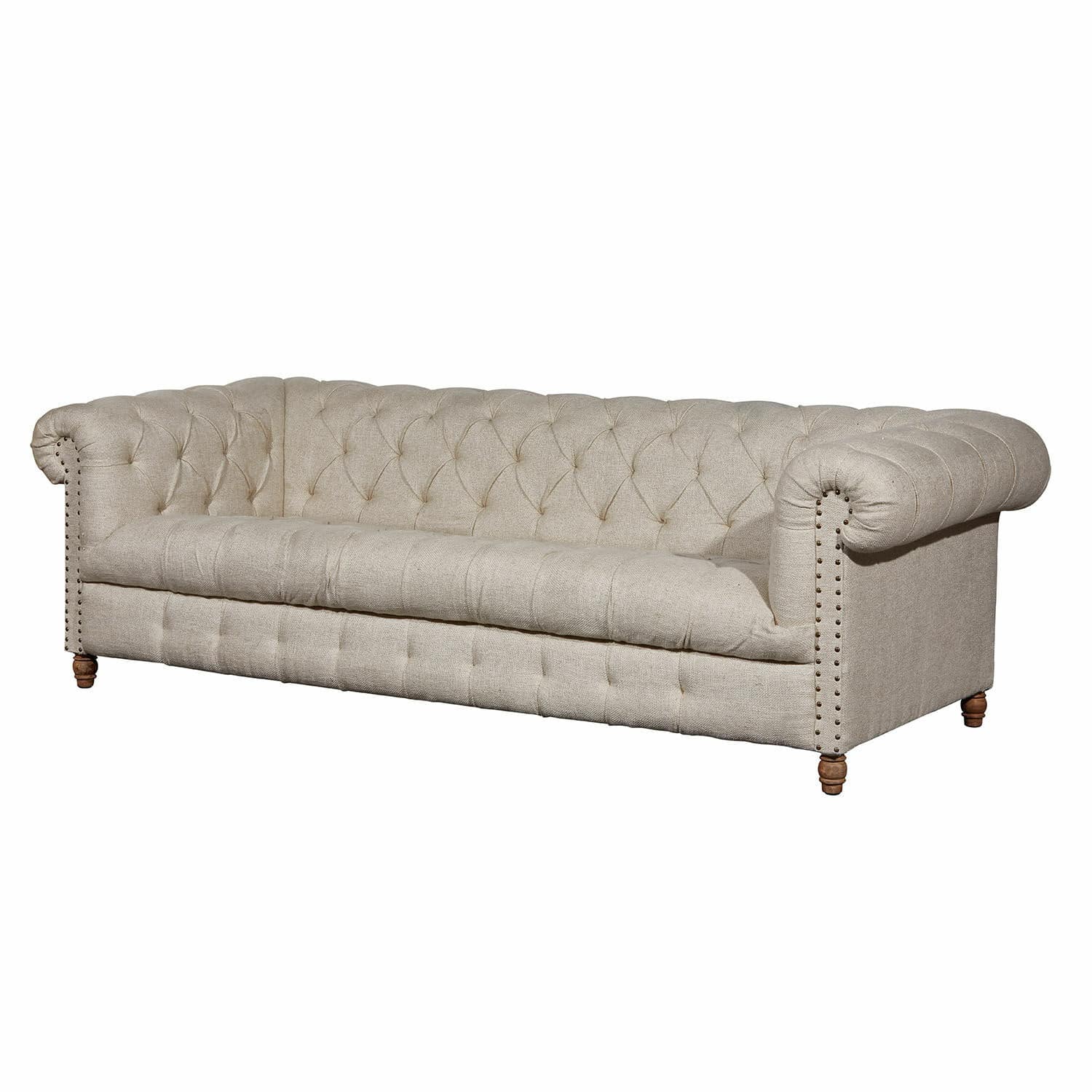 Divano Parpeville Divano Chesterfield beige in tessuto con schienale capitonné e gambe in legno per soggiorno