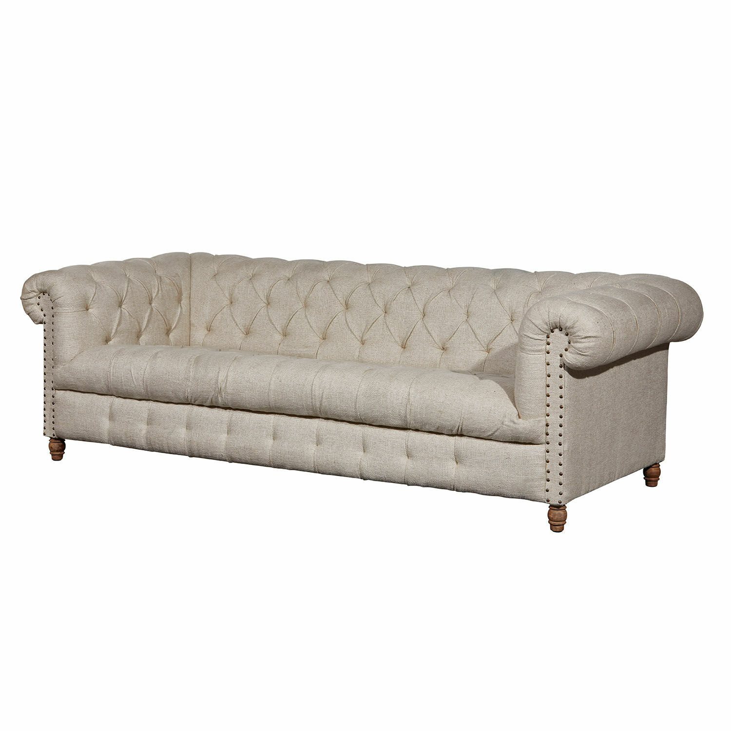 Divano Parpeville Divano Chesterfield beige in tessuto con schienale capitonné e gambe in legno per soggiorno