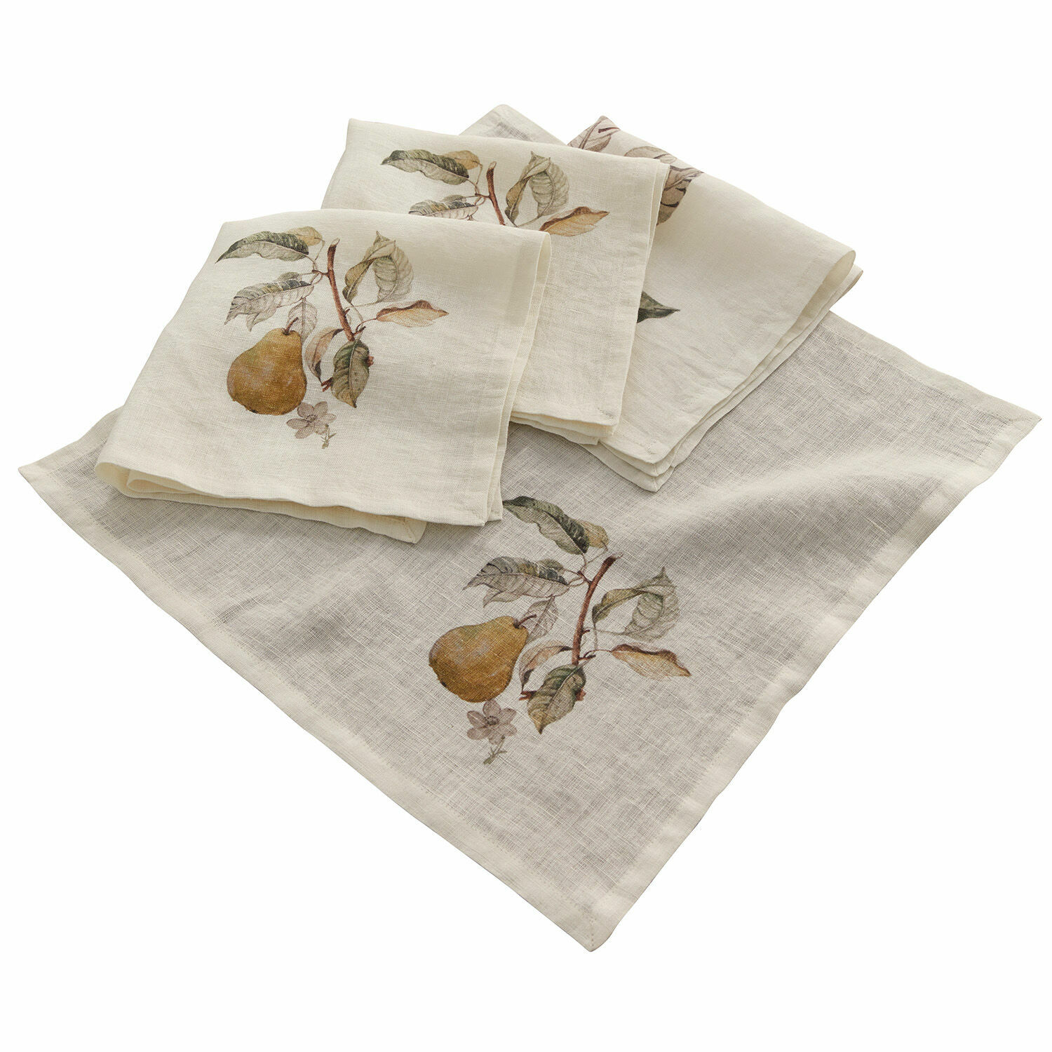 Set di 4 tovaglioli Tupisa Tovaglioli in lino crema con stampa di pera e foglie, tessuti decorativi per tavola