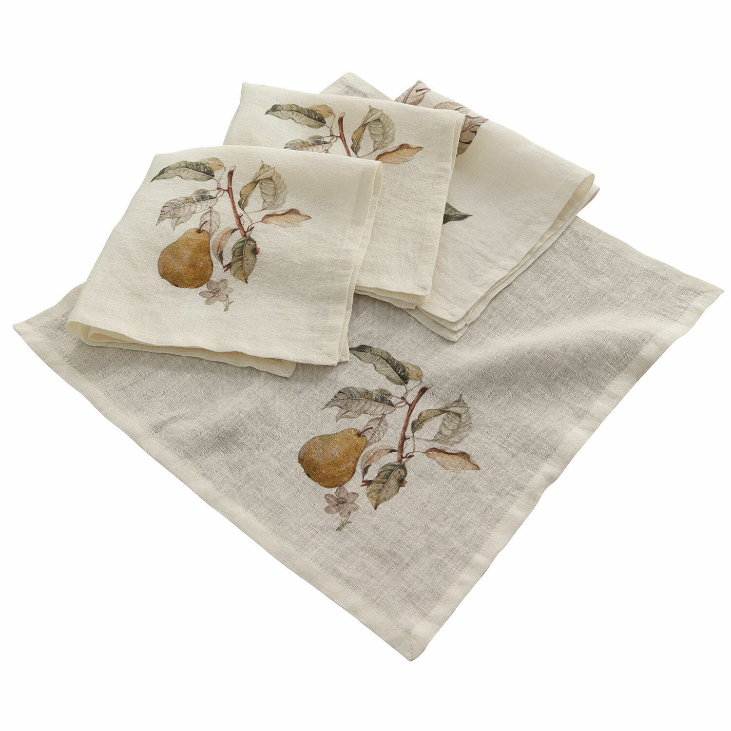 Set di 4 tovaglioli Tupisa Tovaglioli in lino crema con stampa di pera e foglie, tessuti decorativi per tavola