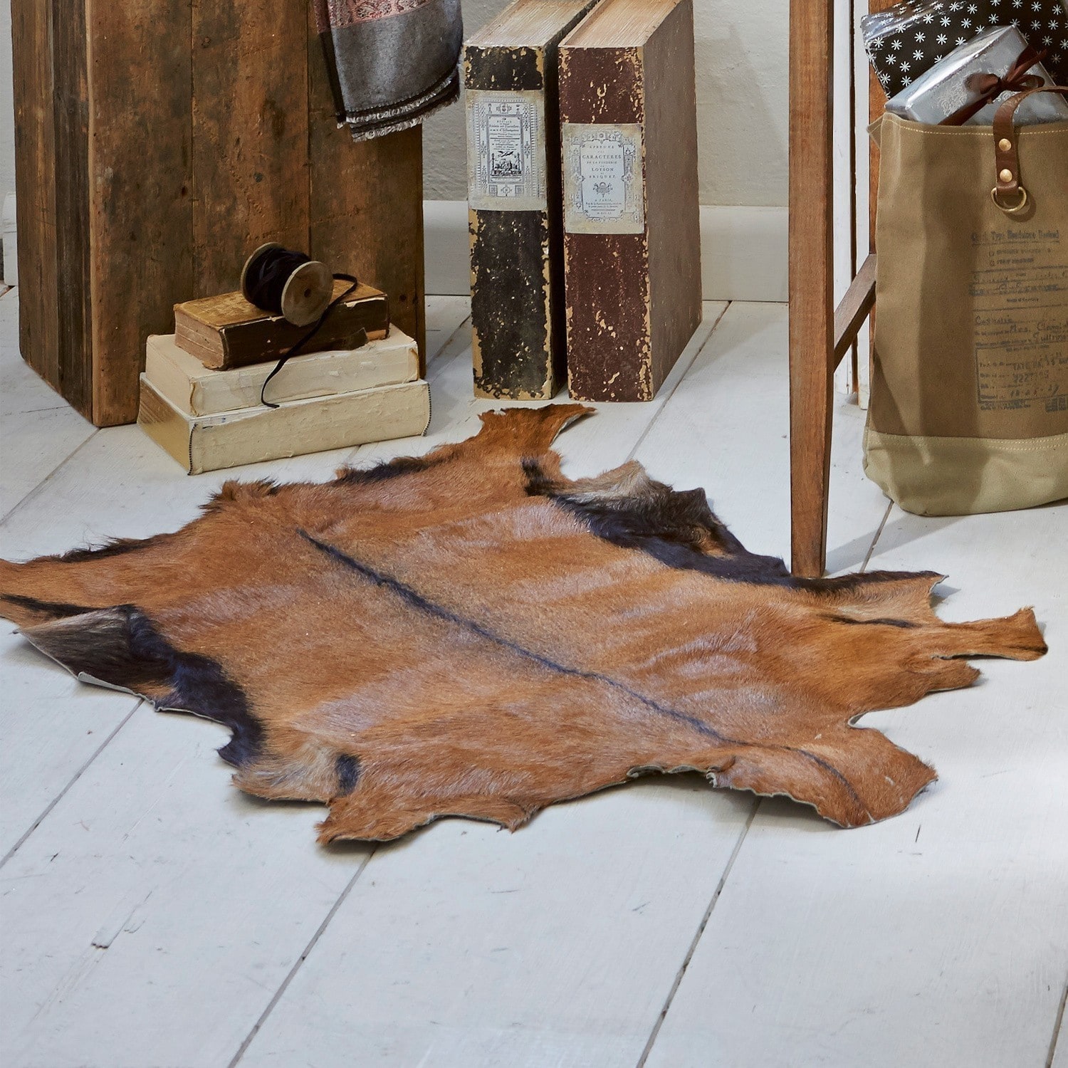 Tappeto in pelle di capra Piedro Pelle animale marrone naturale su pavimento in legno bianco con libri antichi e mobili rustici